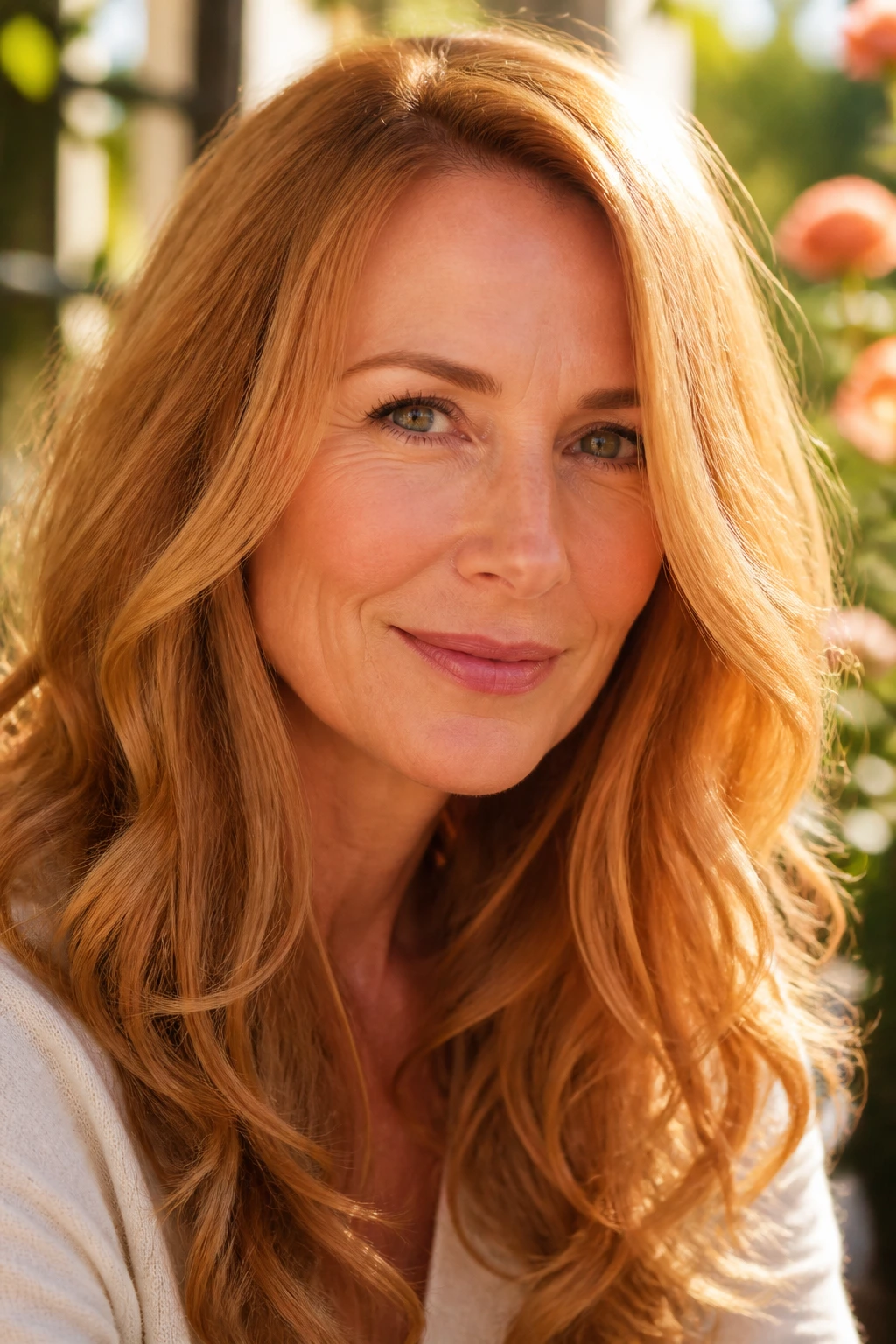 Woman with strawberry blonde hair under warm golden hour light