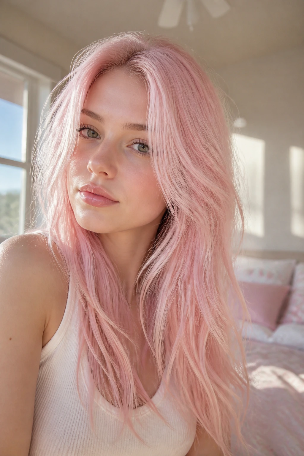 Close-up of real woman with Strawberry Milk pastel pink hair by a window