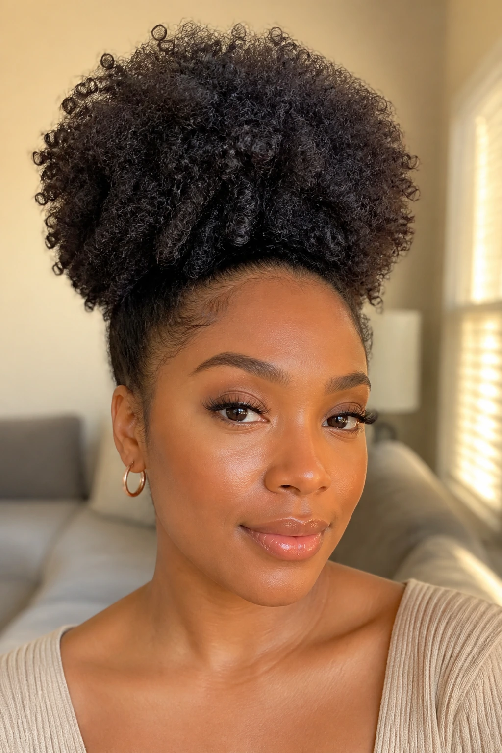 Close-up of a real woman with a stretched puff and crown shape in a sunlit room.