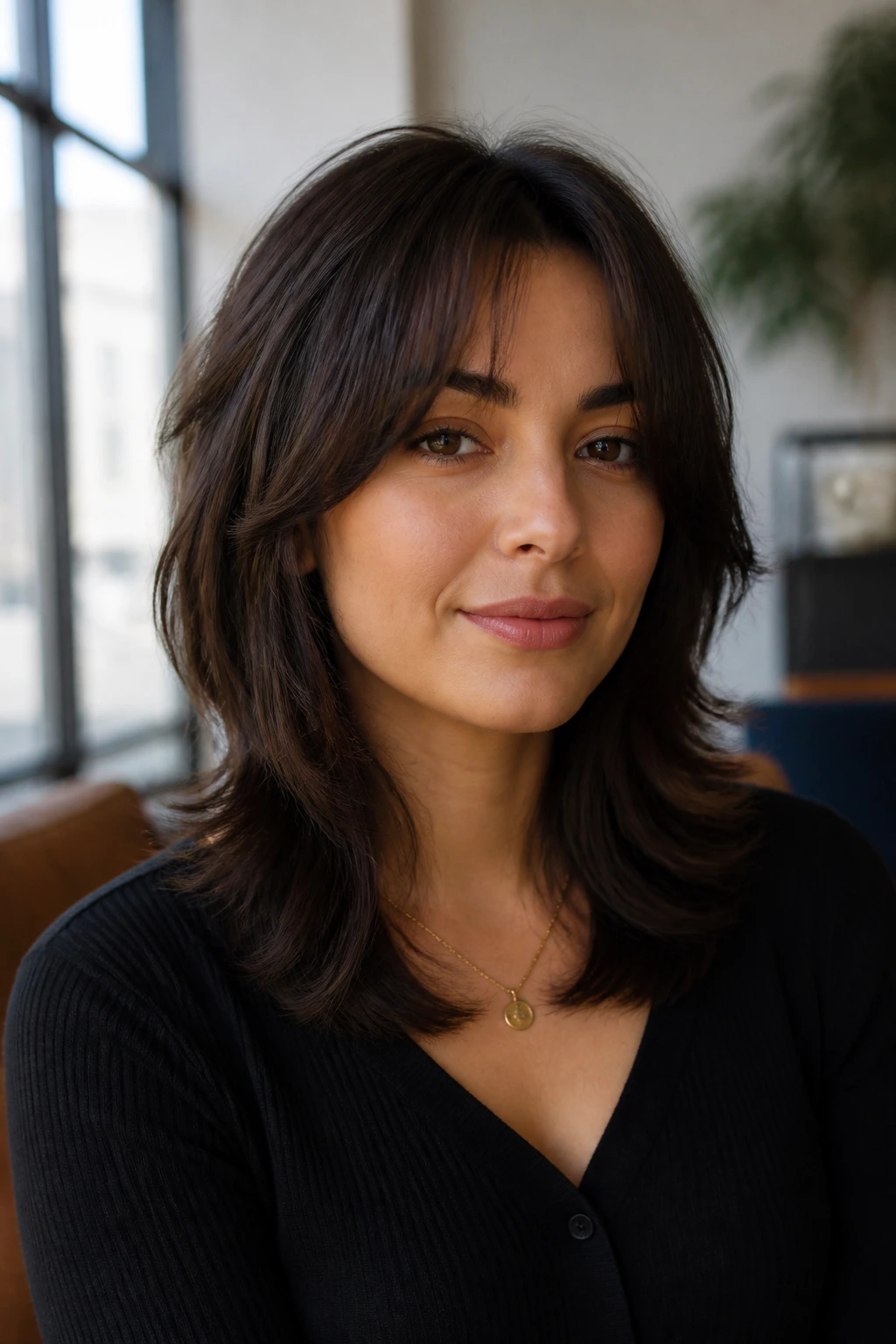 Close-up portrait of real person with subtle layered shag hairstyle