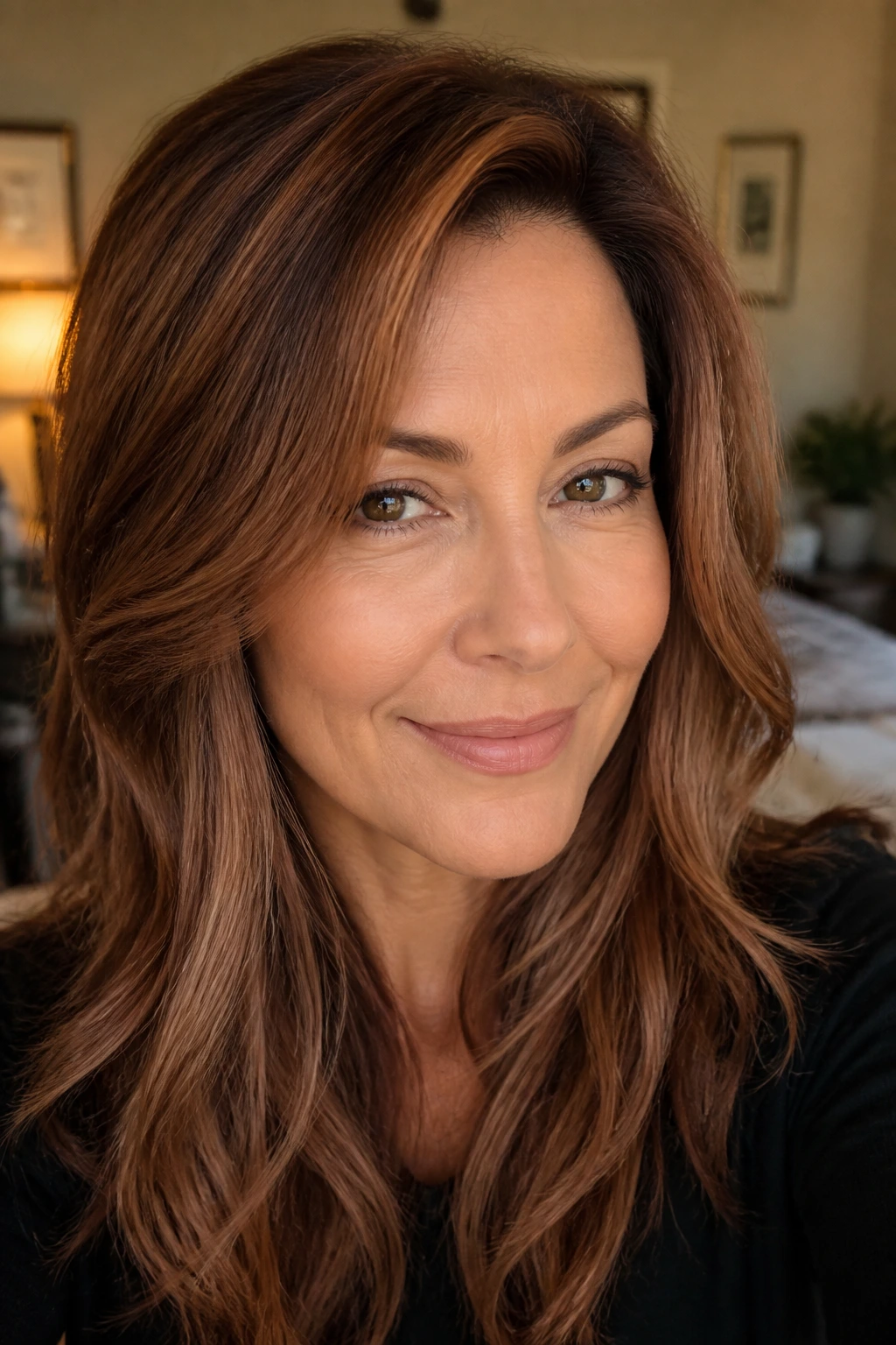 Close-up of a brunette with subtle strawberry glaze hair