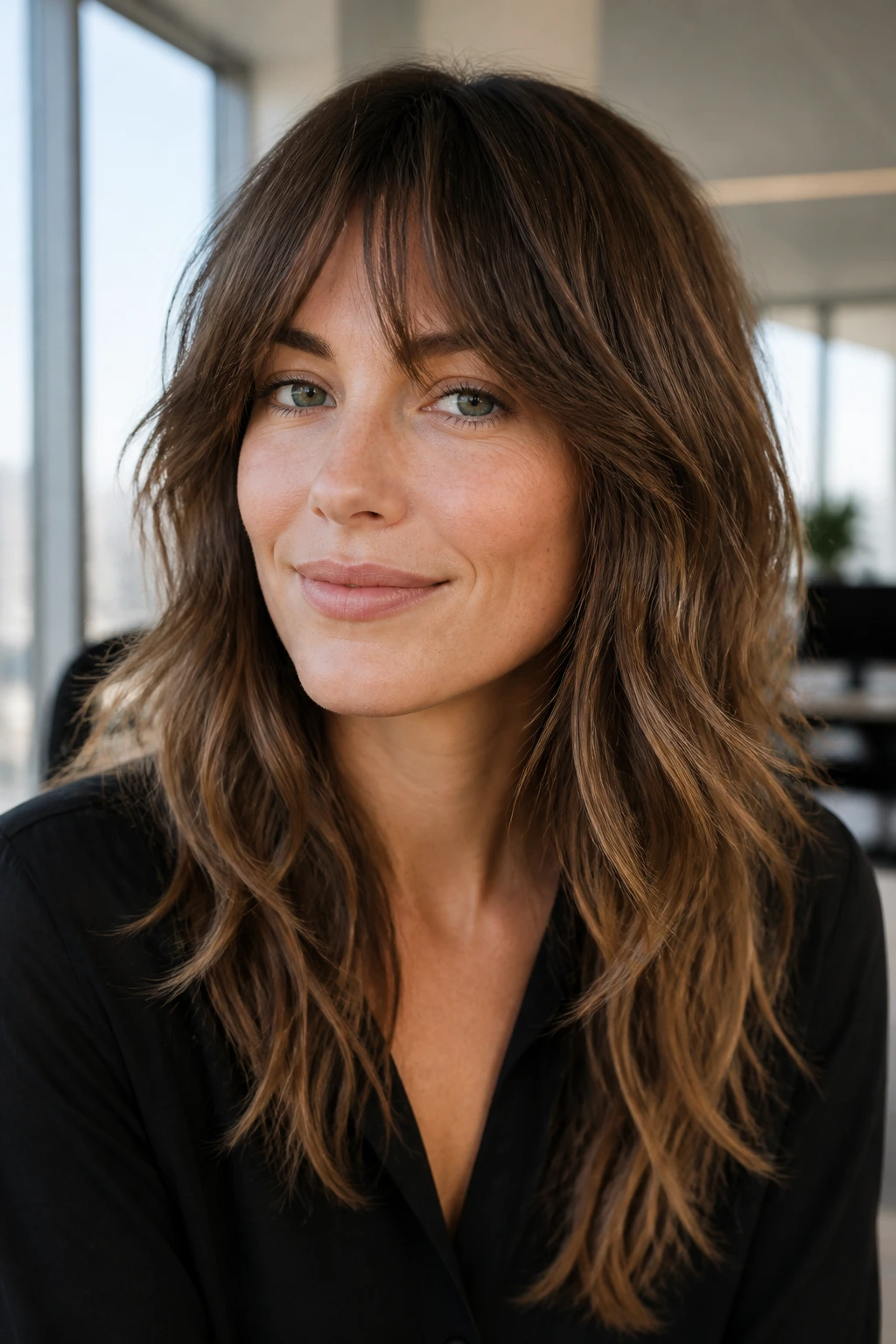 Real woman with subtle waves in a shag in a bright office window setting.