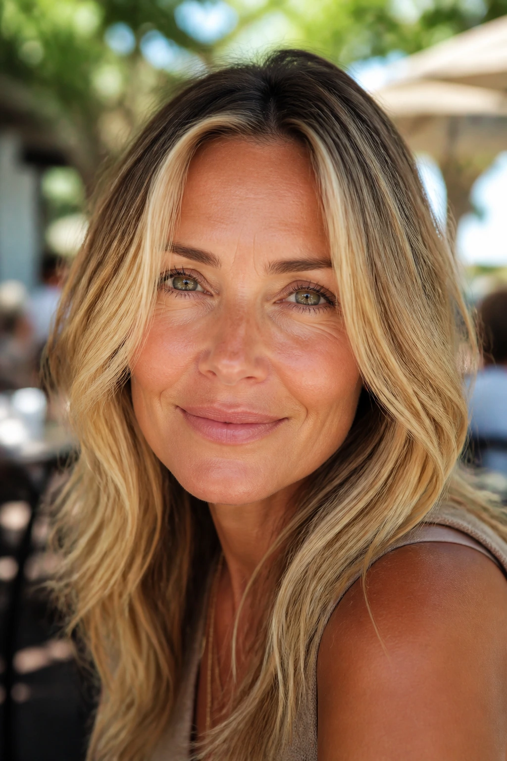 Close-up of a woman with sun-kissed face-framing blonde highlights outdoors