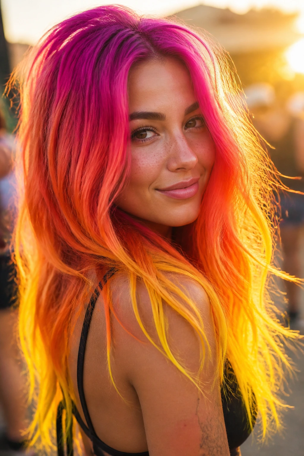 Close-up of a real person with magenta to orange to yellow sunset ombré hair gradient