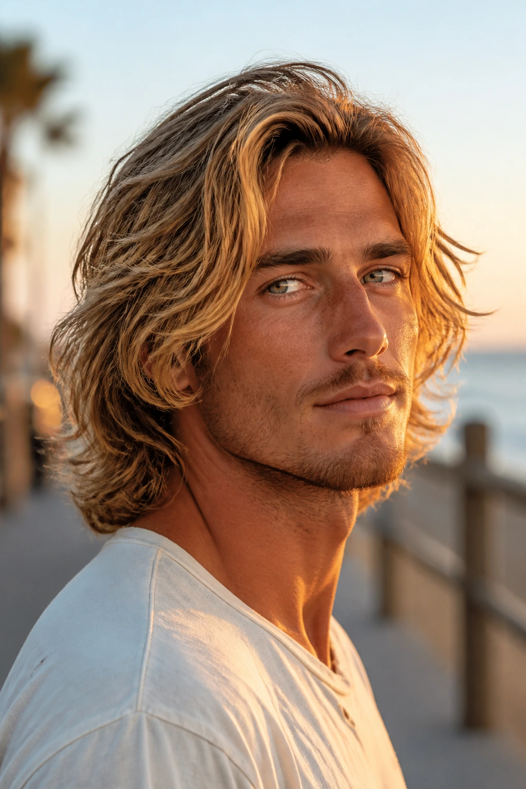 Man with classic surfer cut showing natural beachy waves.