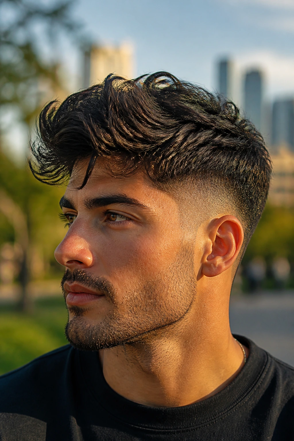 Close-up of a man with taper fade sides and long textured top