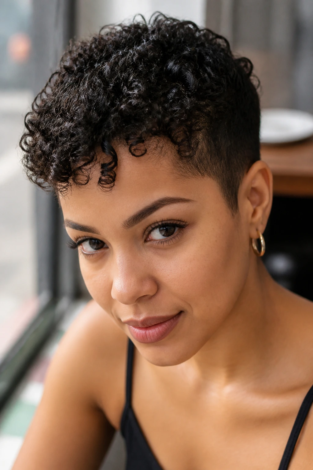 Close-up of a real person with a tapered curly pixie hairstyle in natural light