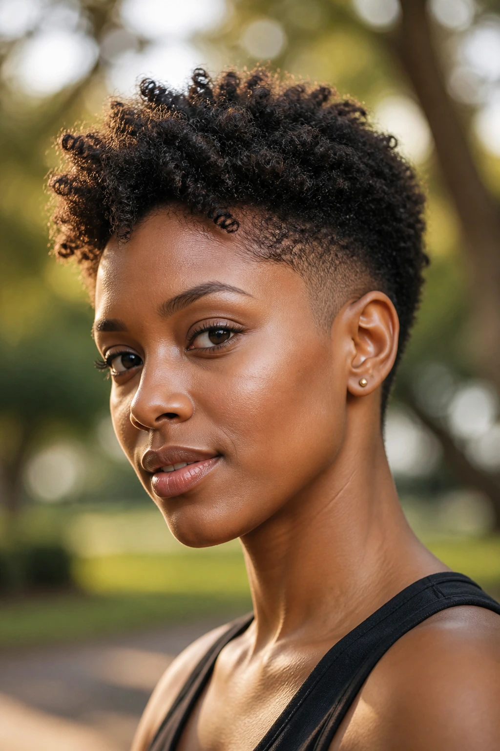 Close-up of a person with tapered cut and natural texture in park