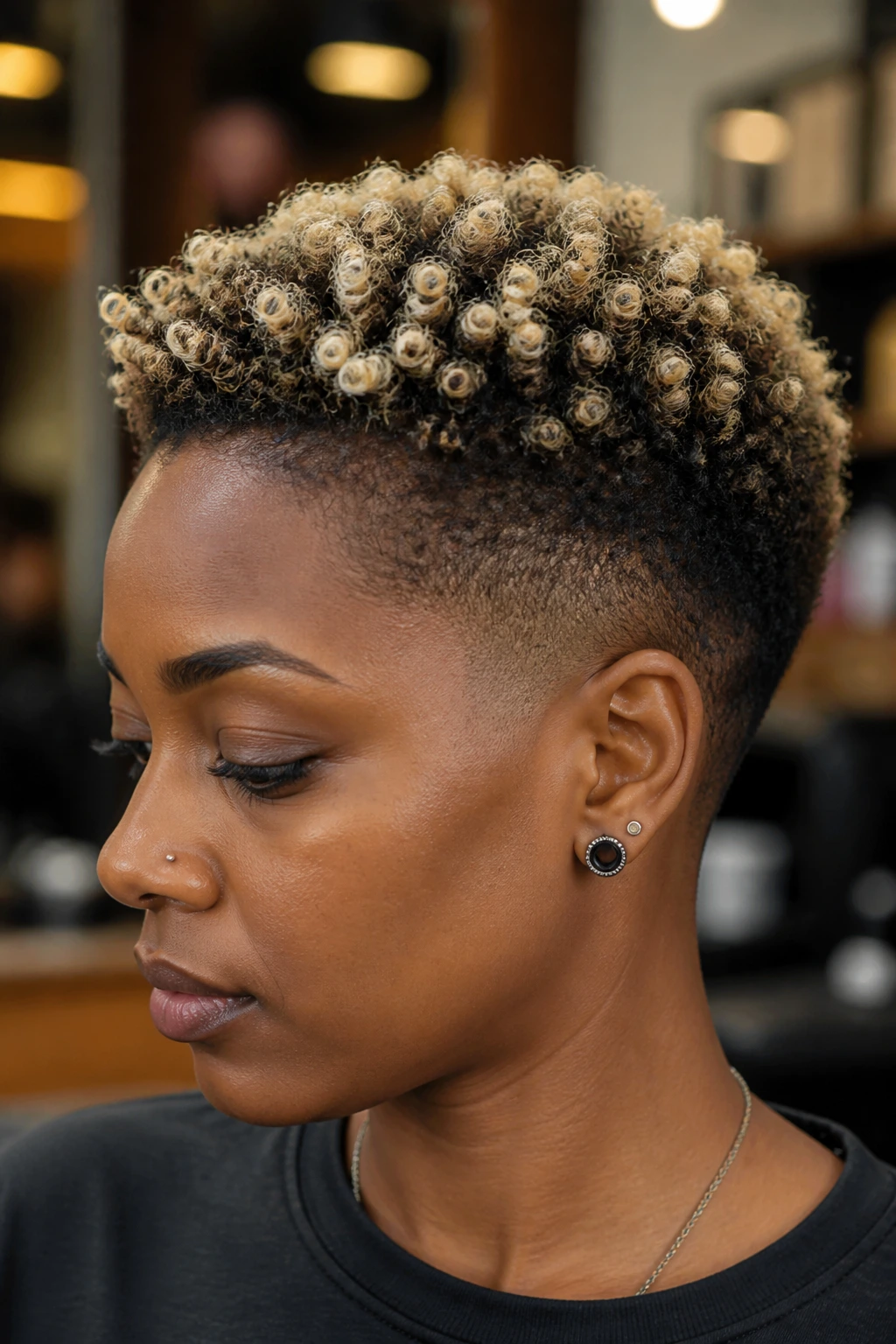 Close-up of a real Black person with a tapered fade and bleached tips on curls.