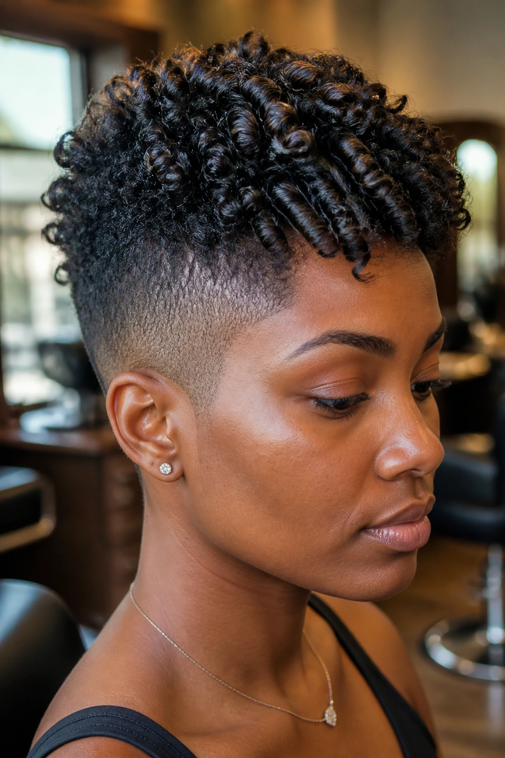 Close-up of a real Black woman with tapered fade and finger coils in a salon.