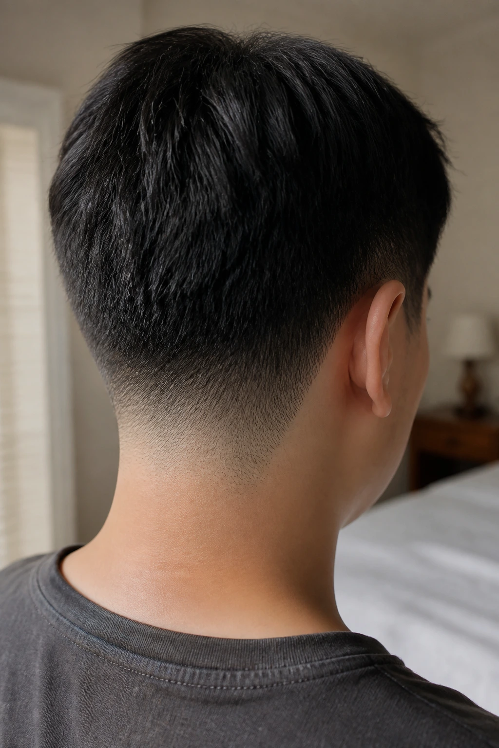 Close-up of a tapered nape cut at the back of a real person's neck