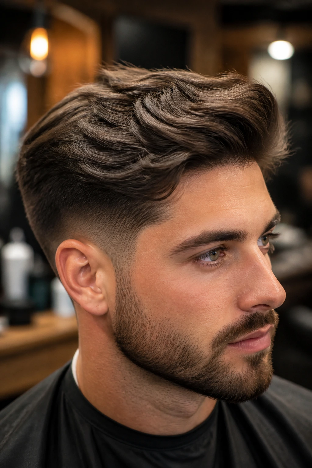 Man with tapered sides and long textured top hairstyle in barber shop