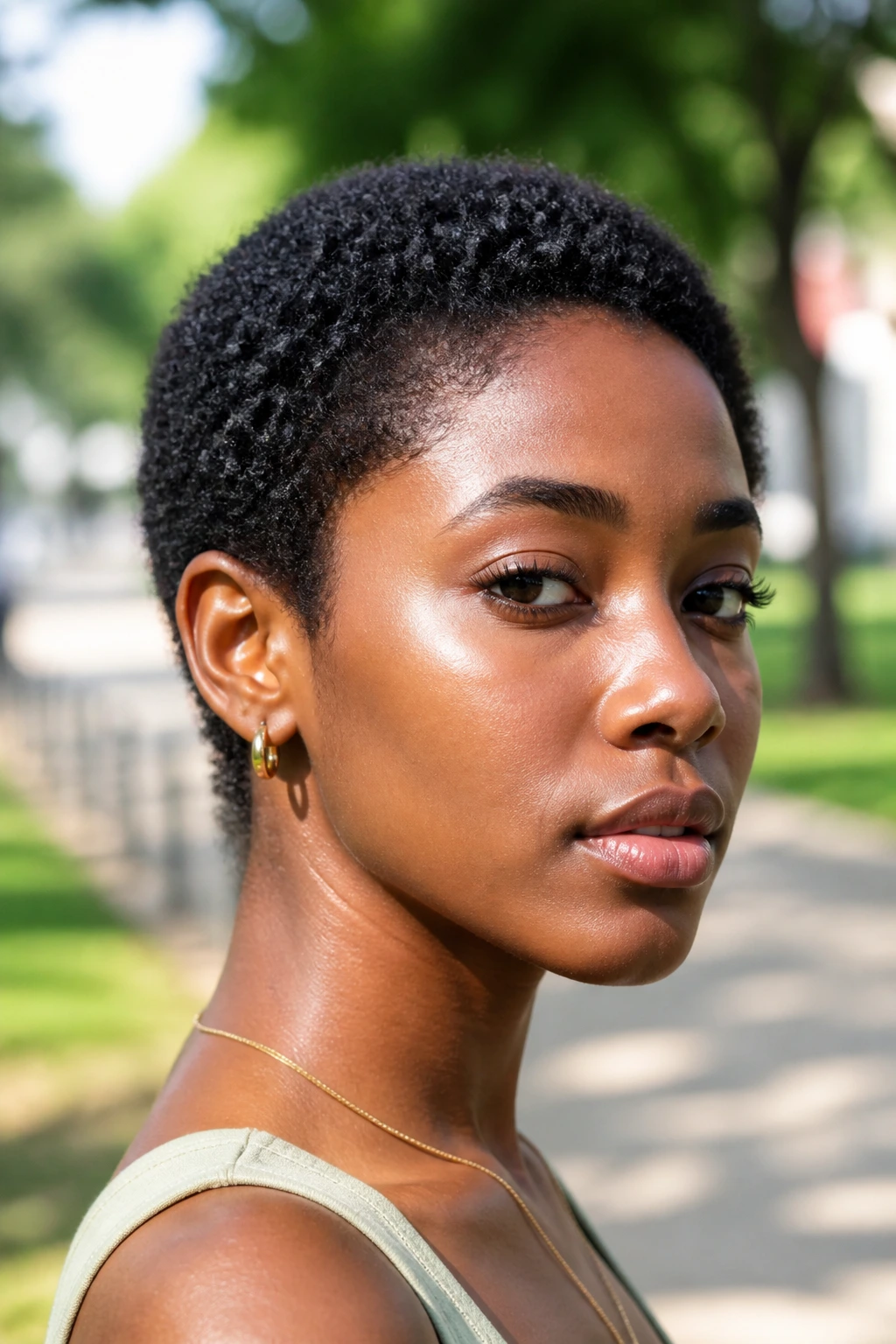 Close-up of a real person with a tiny Afro (TWA).