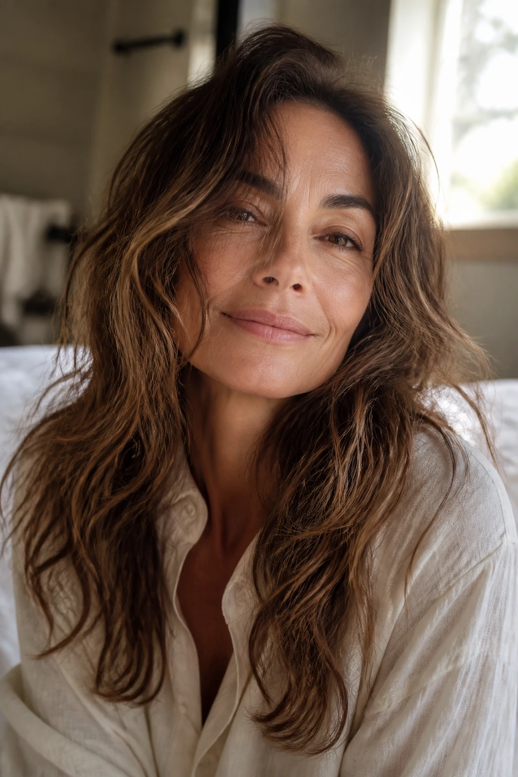Woman with textured bedhead waves in soft morning light