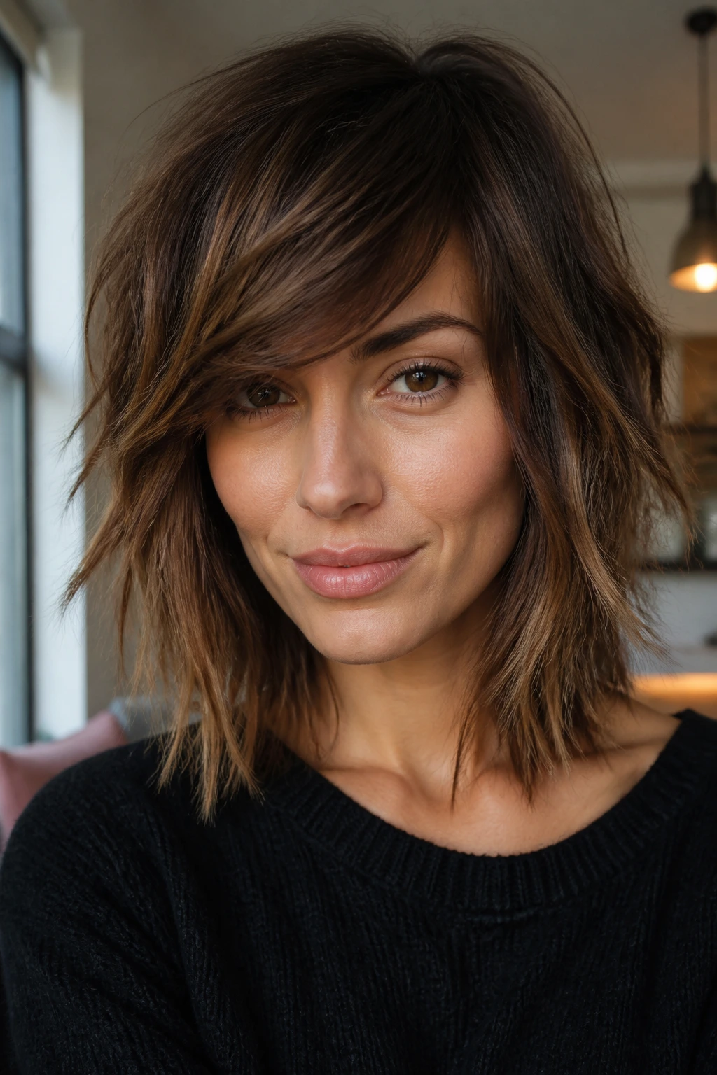 Portrait of a woman with textured choppy ends on medium-length hair