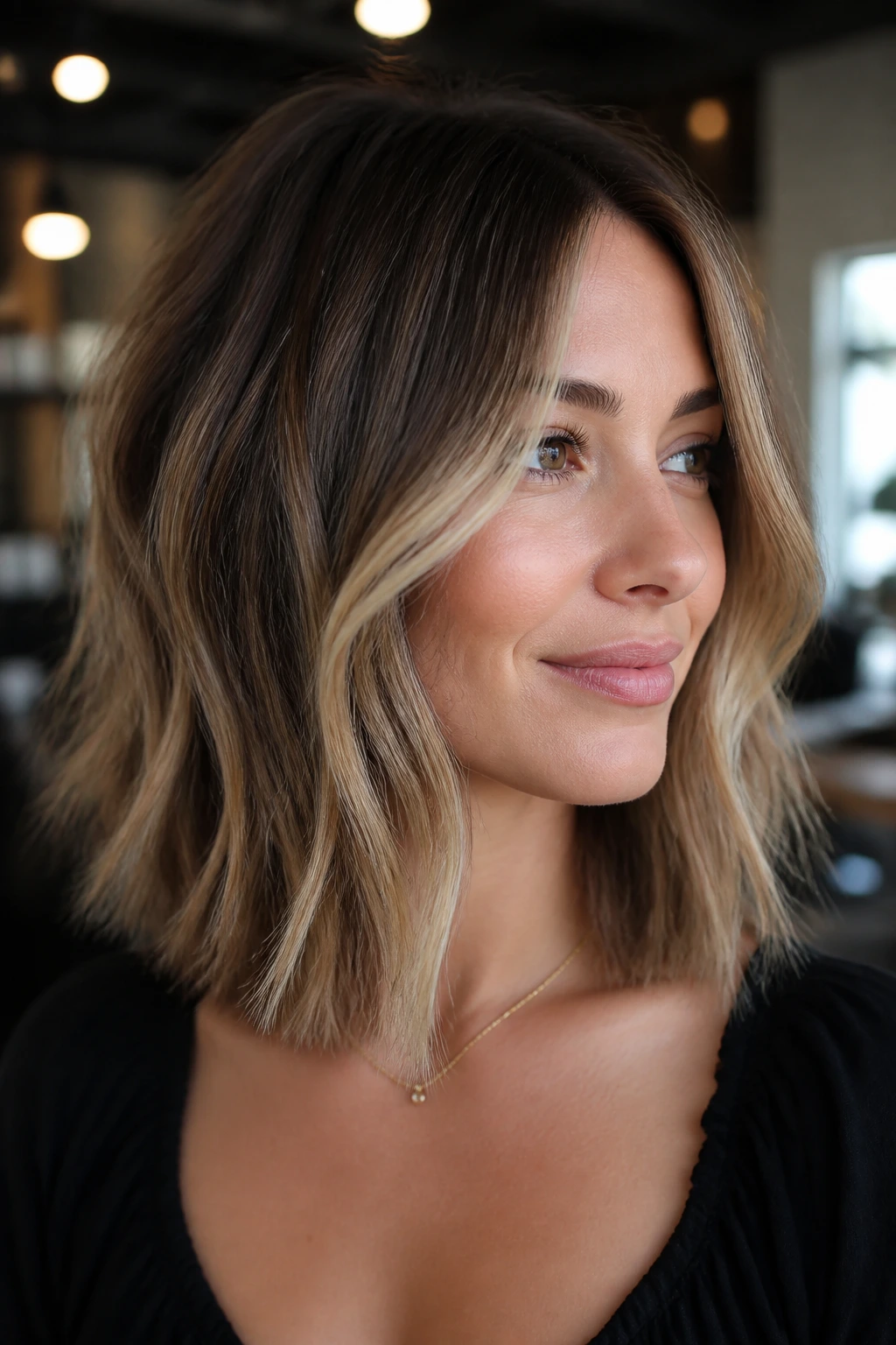 Close-up of a real person with textured lob and balayage highlights.