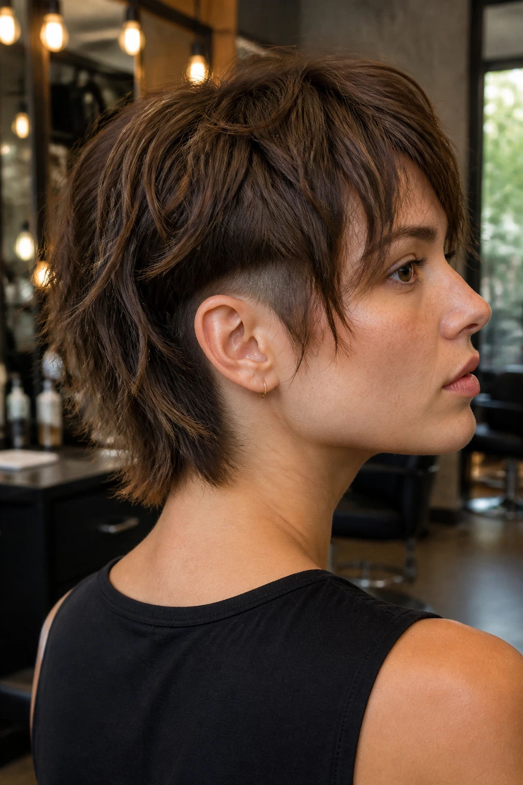 Close-up portrait of a real woman showcasing textured mid-length hair with a choppy undercut at the nape