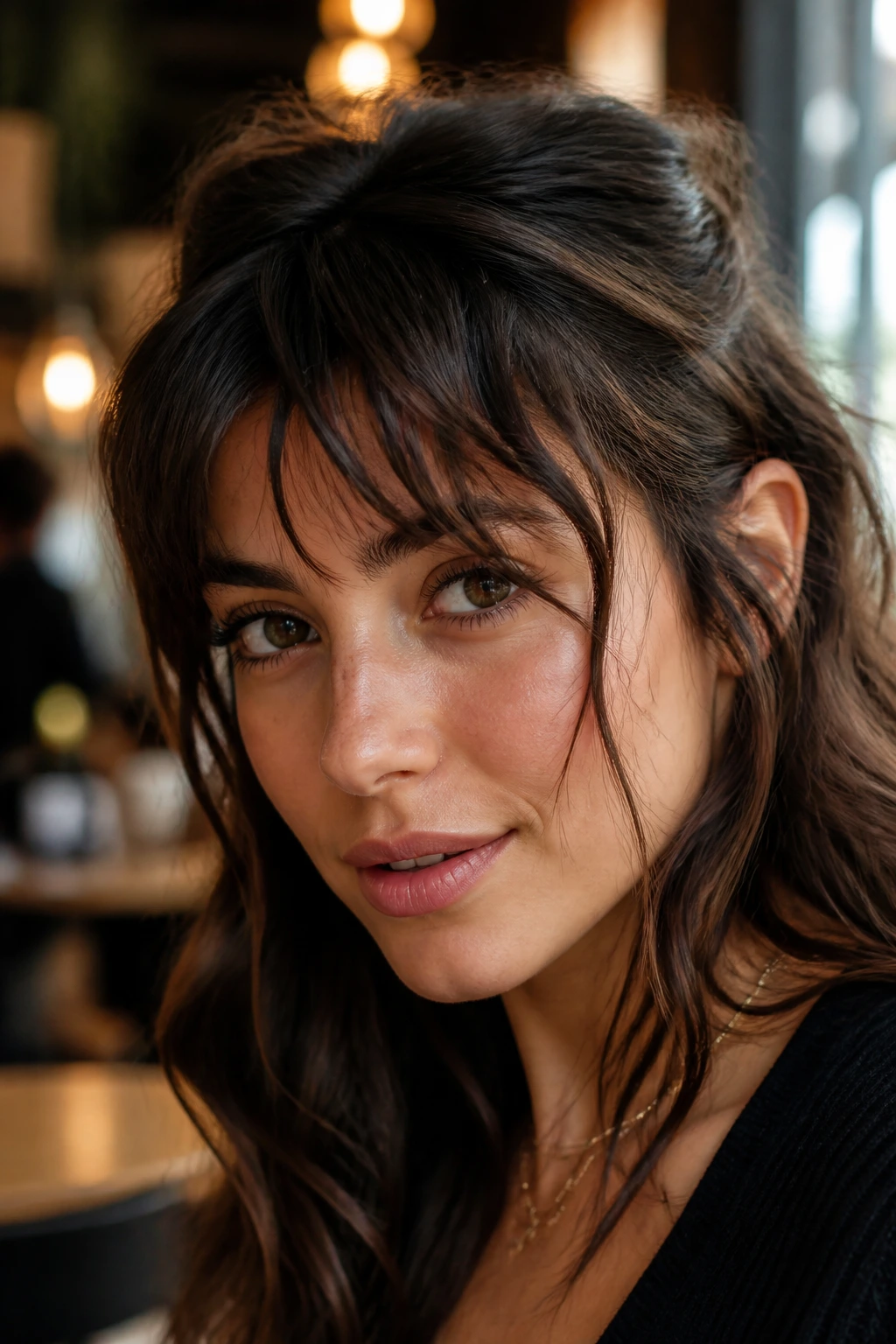 Close-up portrait of a real person with textured piece-y bangs