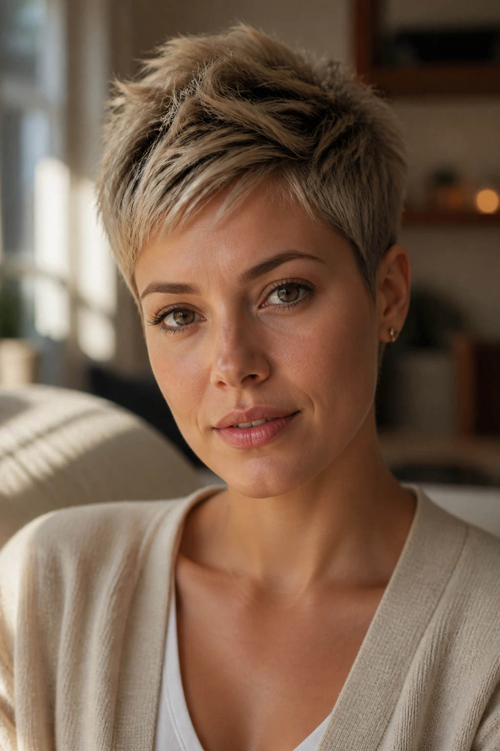 Close-up portrait of a real woman with a textured pixie haircut in warm window light