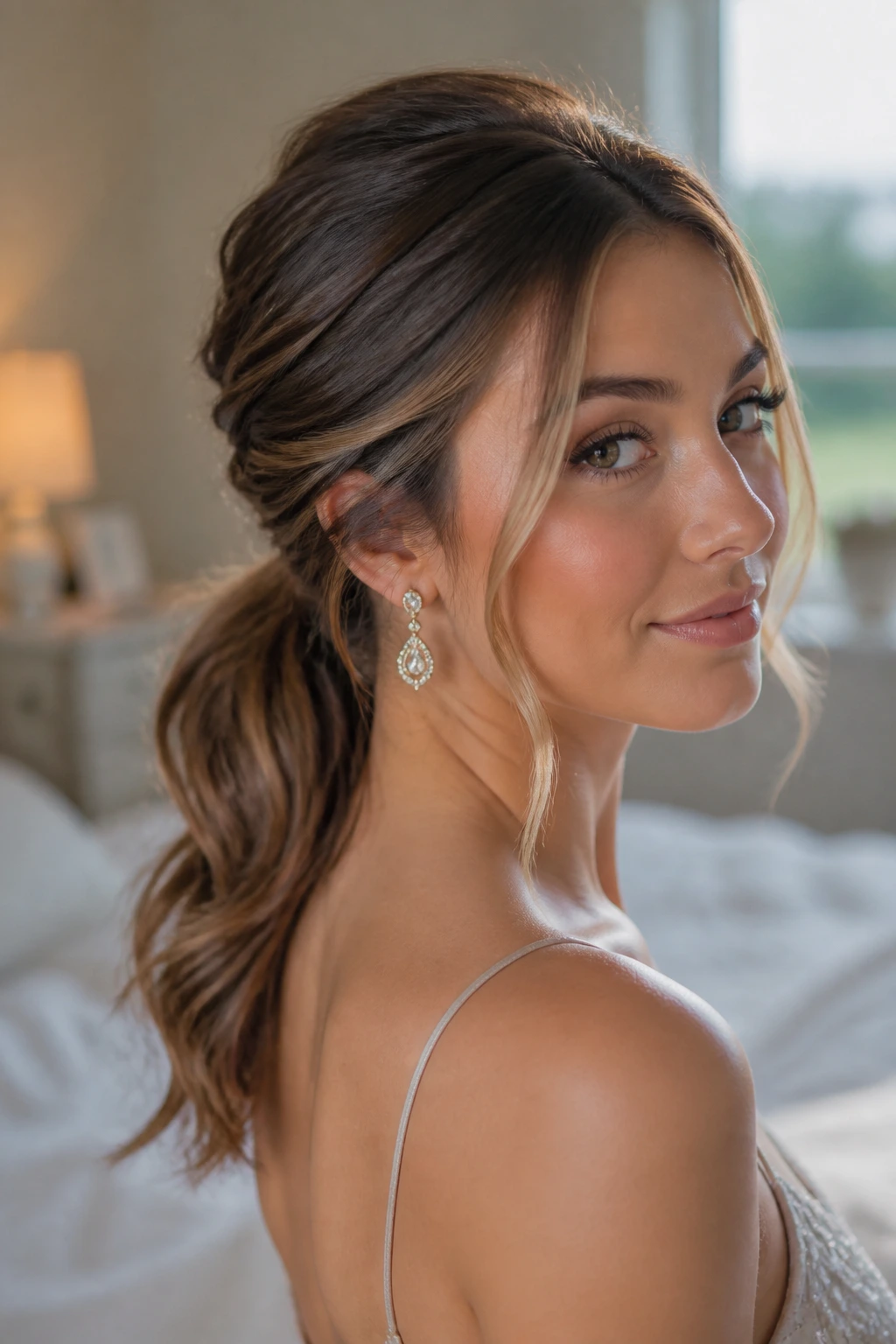 Close-up of a woman with a textured low ponytail and face-framing strands in a warm bedroom