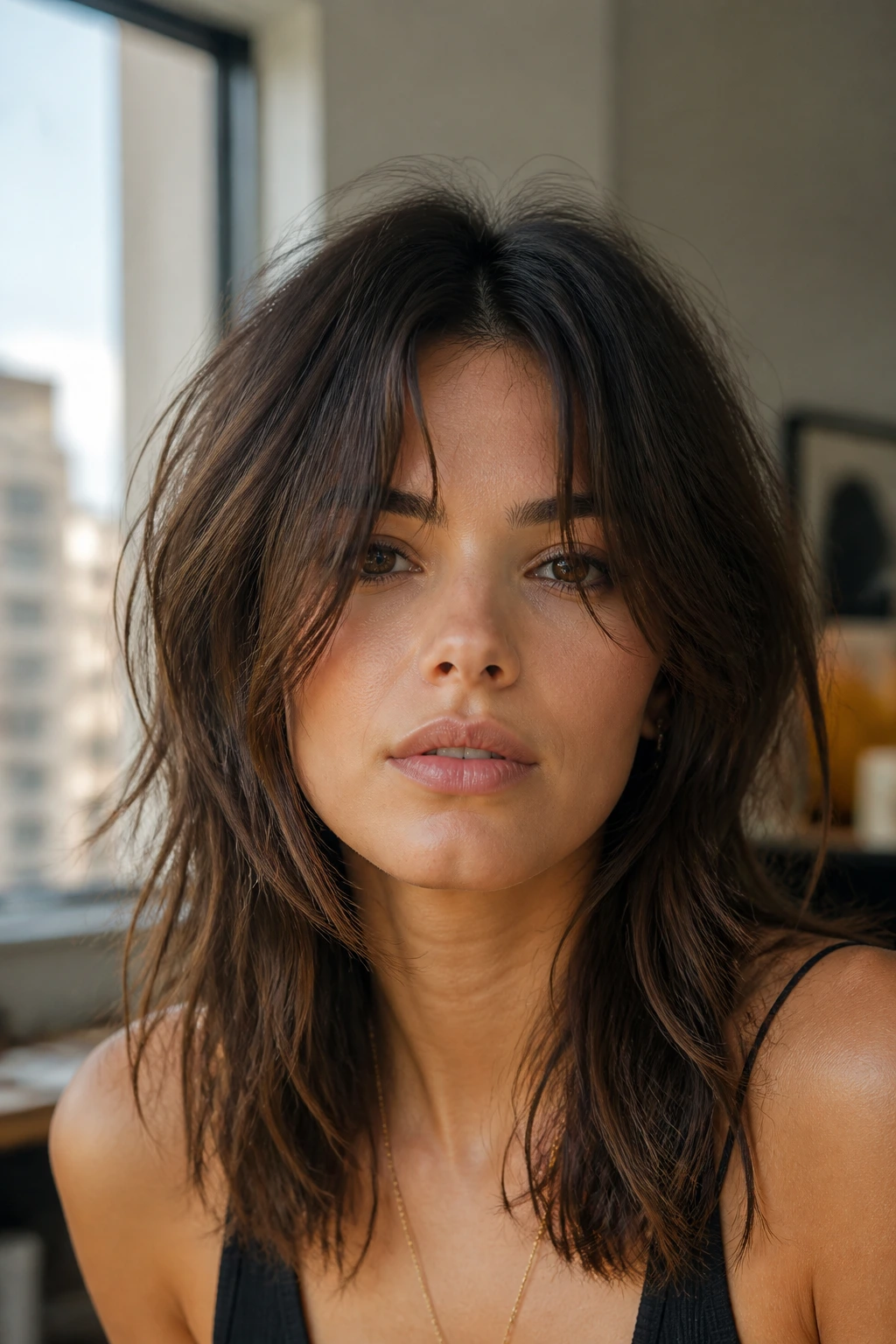 Real woman with center-parted textured shag in natural light