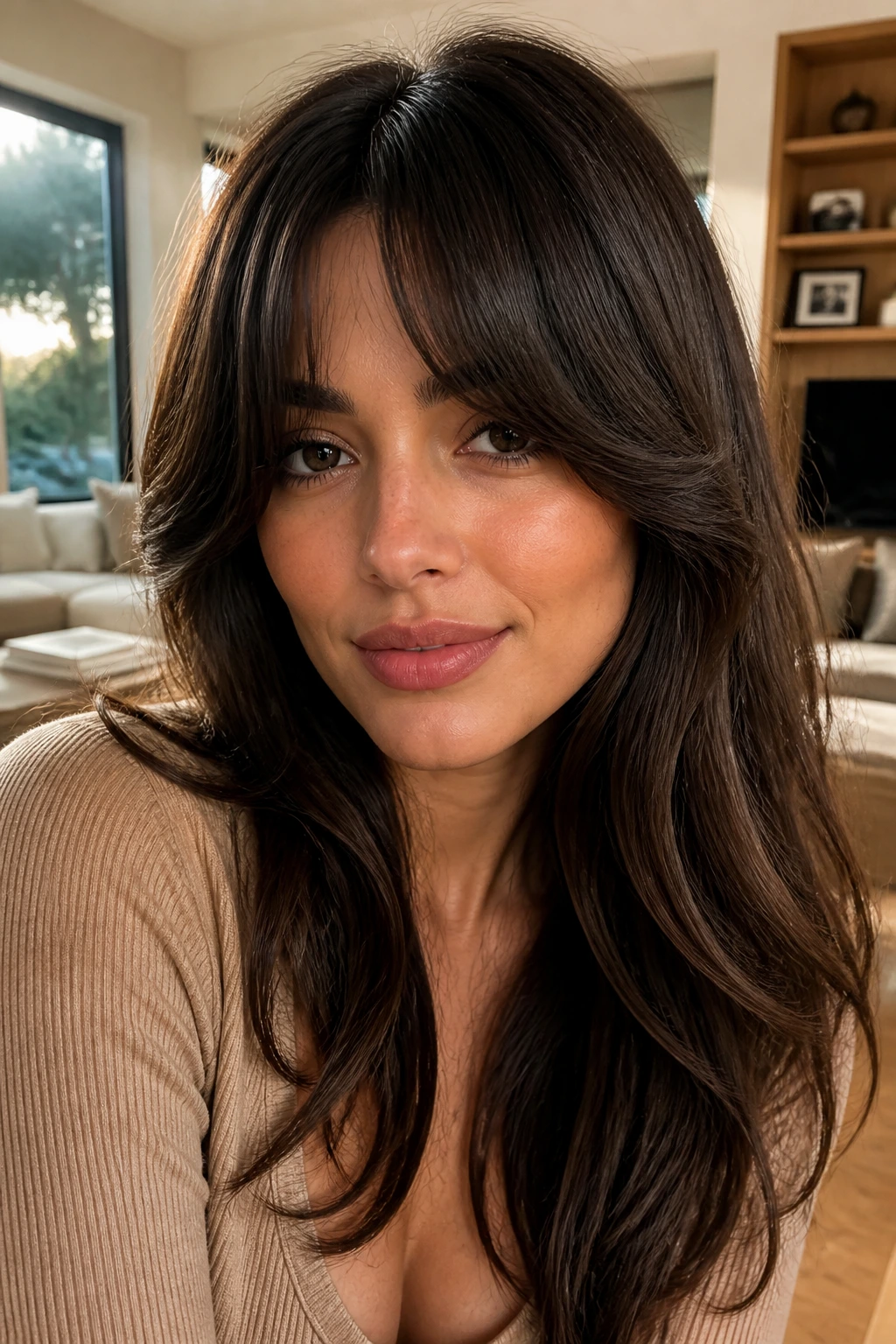 Close-up of a real woman with thick statement curtain bangs