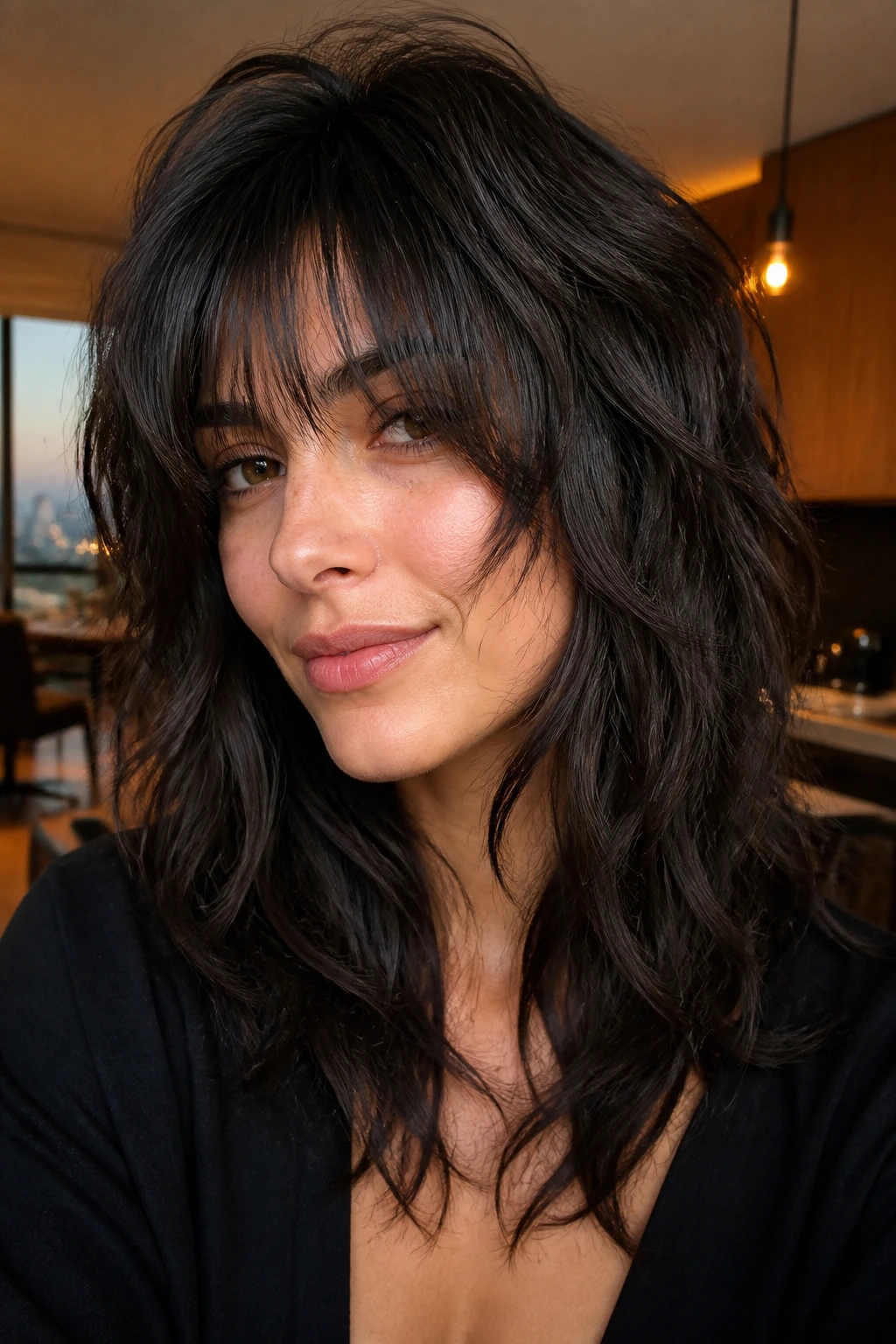 Close-up of a real person with thick hair featuring choppy layered cut