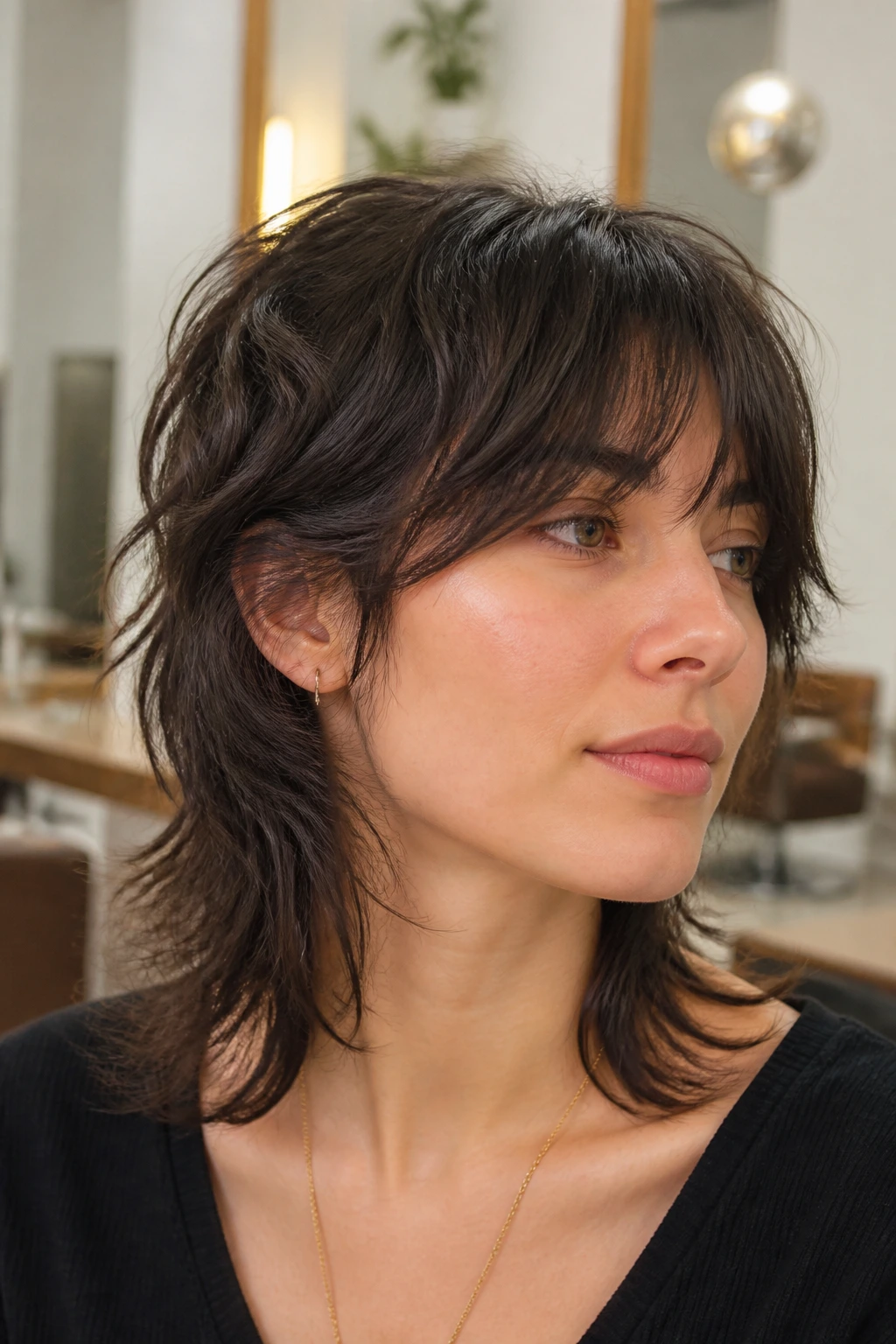 Portrait of a real woman with thick hair weight-removed shag