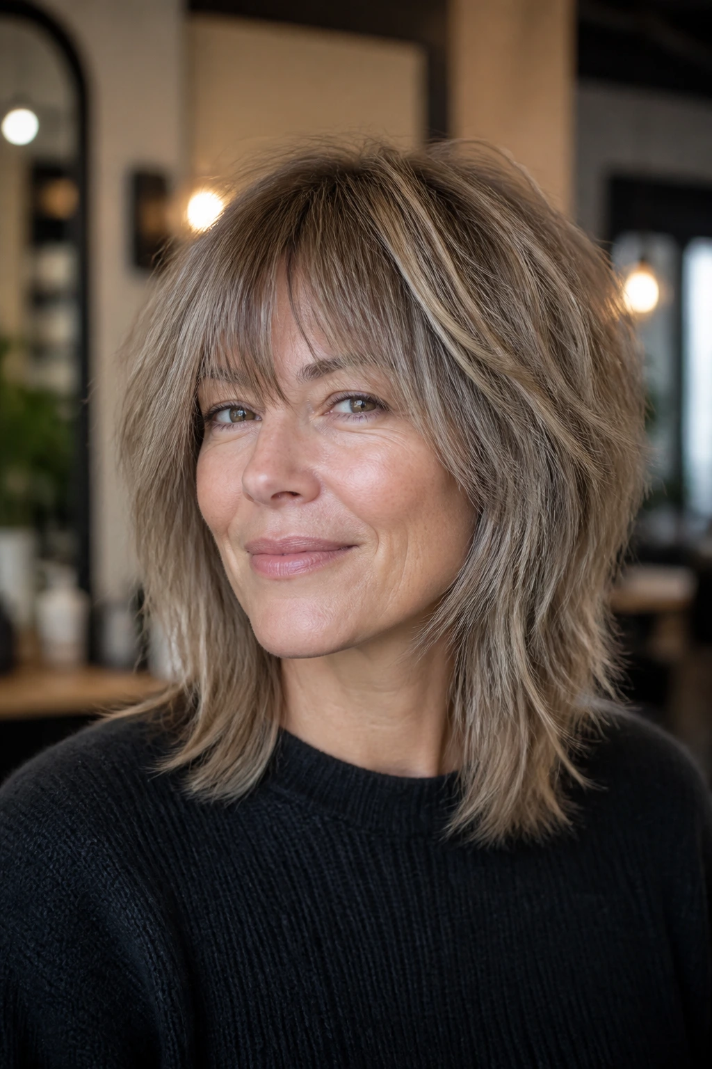 Portrait of a real woman with thin hair volume shag