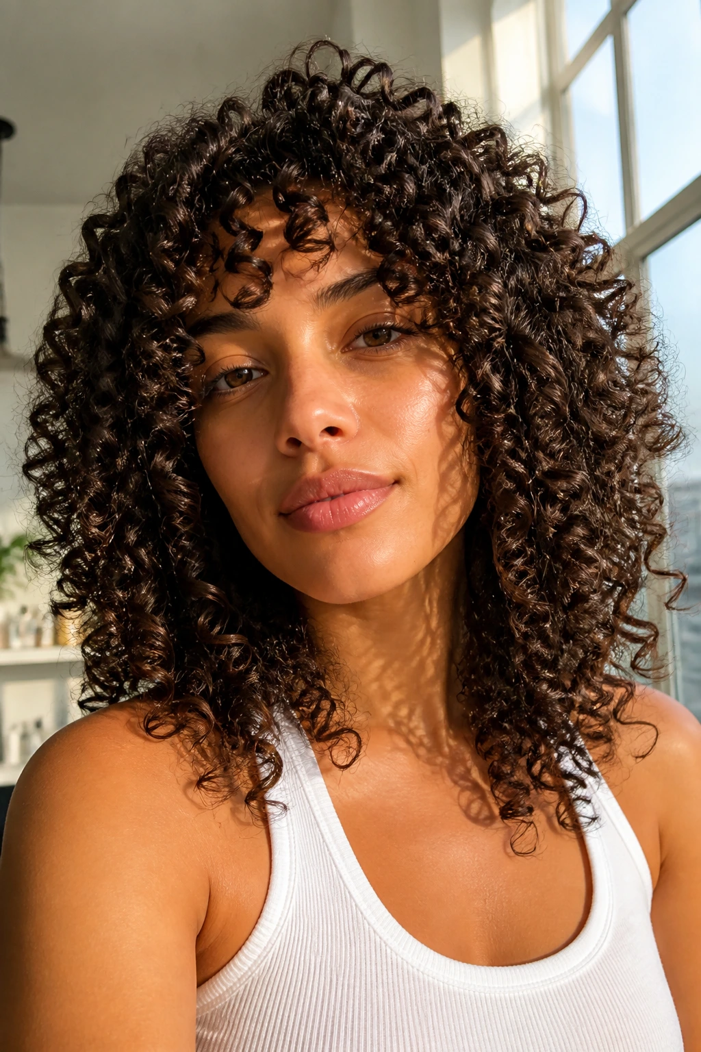 Close-up of a real person with tight ringlet curls and airy tips