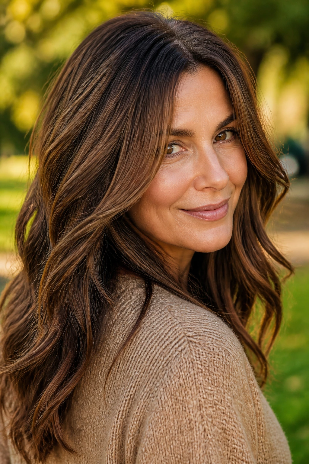 Portrait of woman with warm toasted walnut lowlights in brunette hair outdoors
