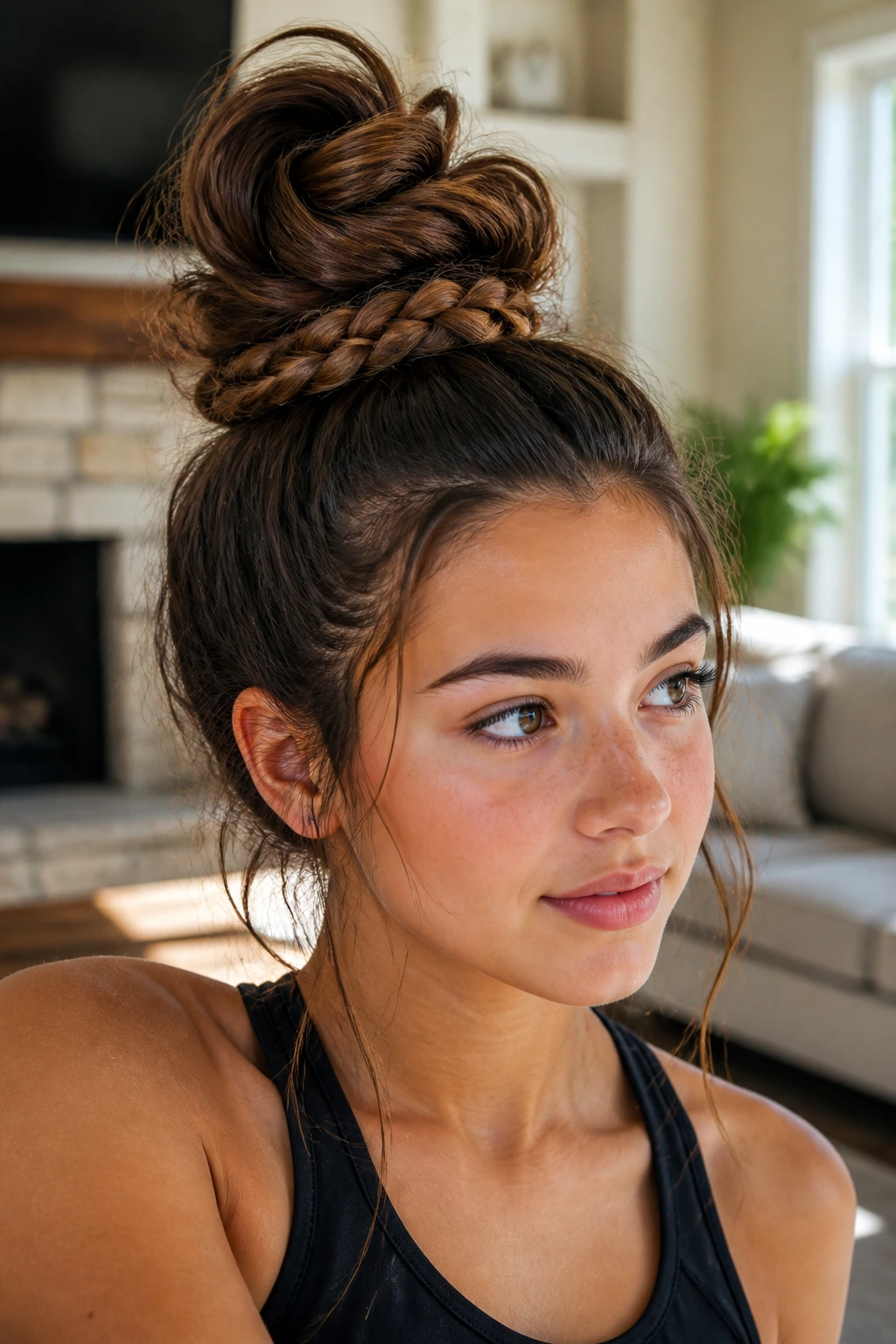 Teen girl with messy top knot and braided accent.