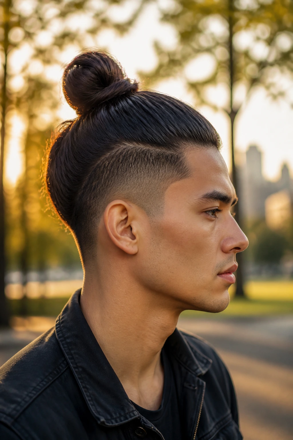 Real man with high top knot hairstyle in golden hour city park