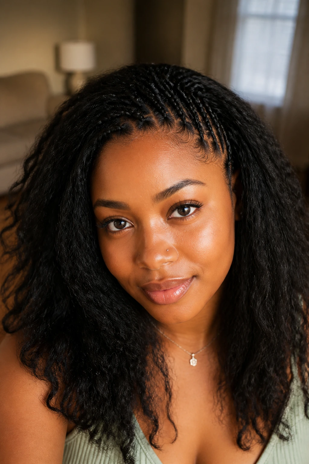 Close-up of a real woman with braided roots and loose hair