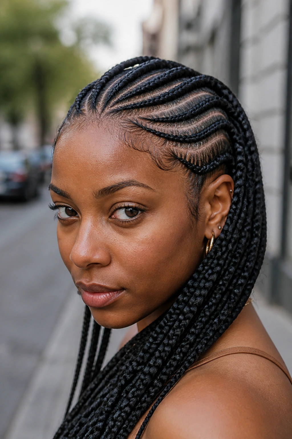 Close-up of a real woman with tribal braids showing front cornrows and back box braids