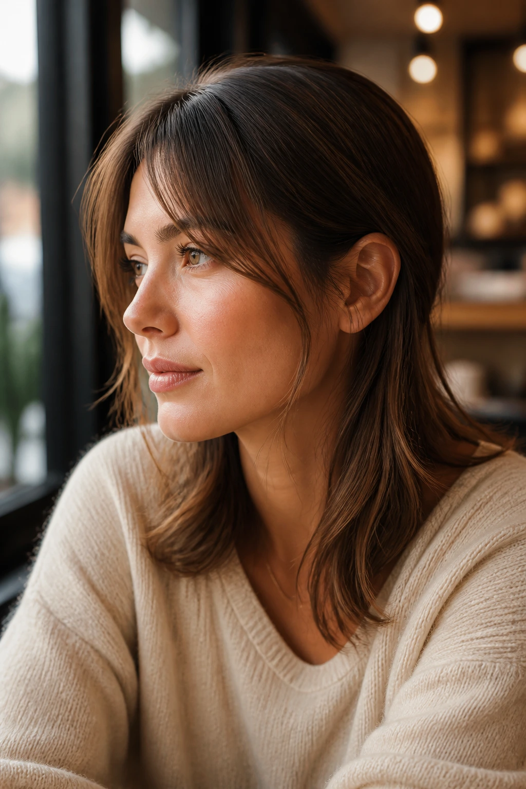 Close-up of a real woman with long bangs tucked behind the ear