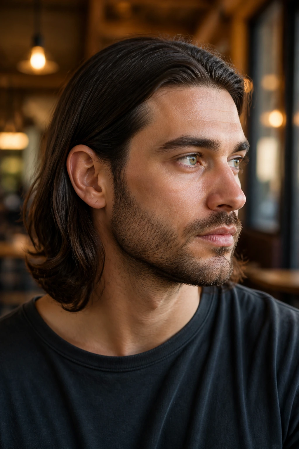 Close-up of a man with long thick hair tucked behind both ears