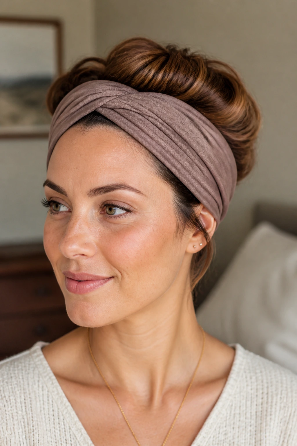 Real woman wearing a twisted turban-band with hair looped over and tucked under.