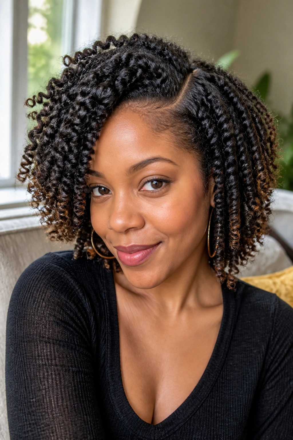Close-up of a real person with a twist-out and side part hairstyle