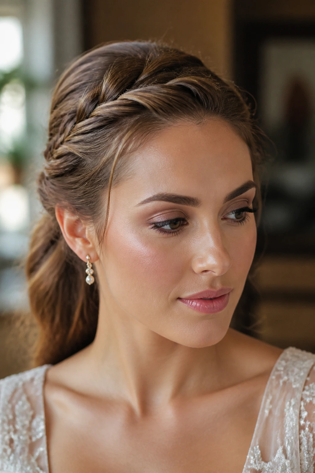 Close-up of a real woman with a twisted headband hairstyle