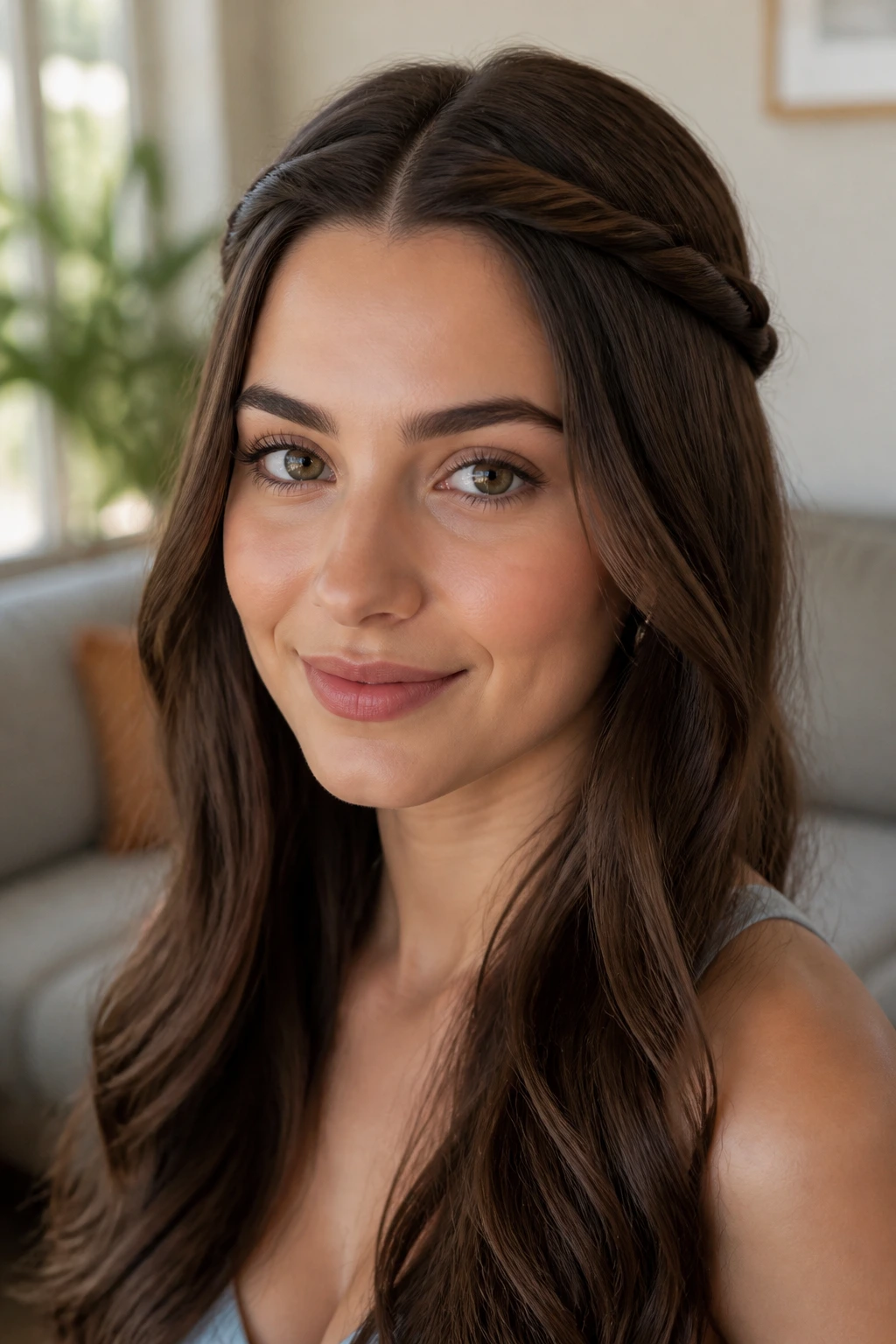 Woman with twisted front sections acting as a headband