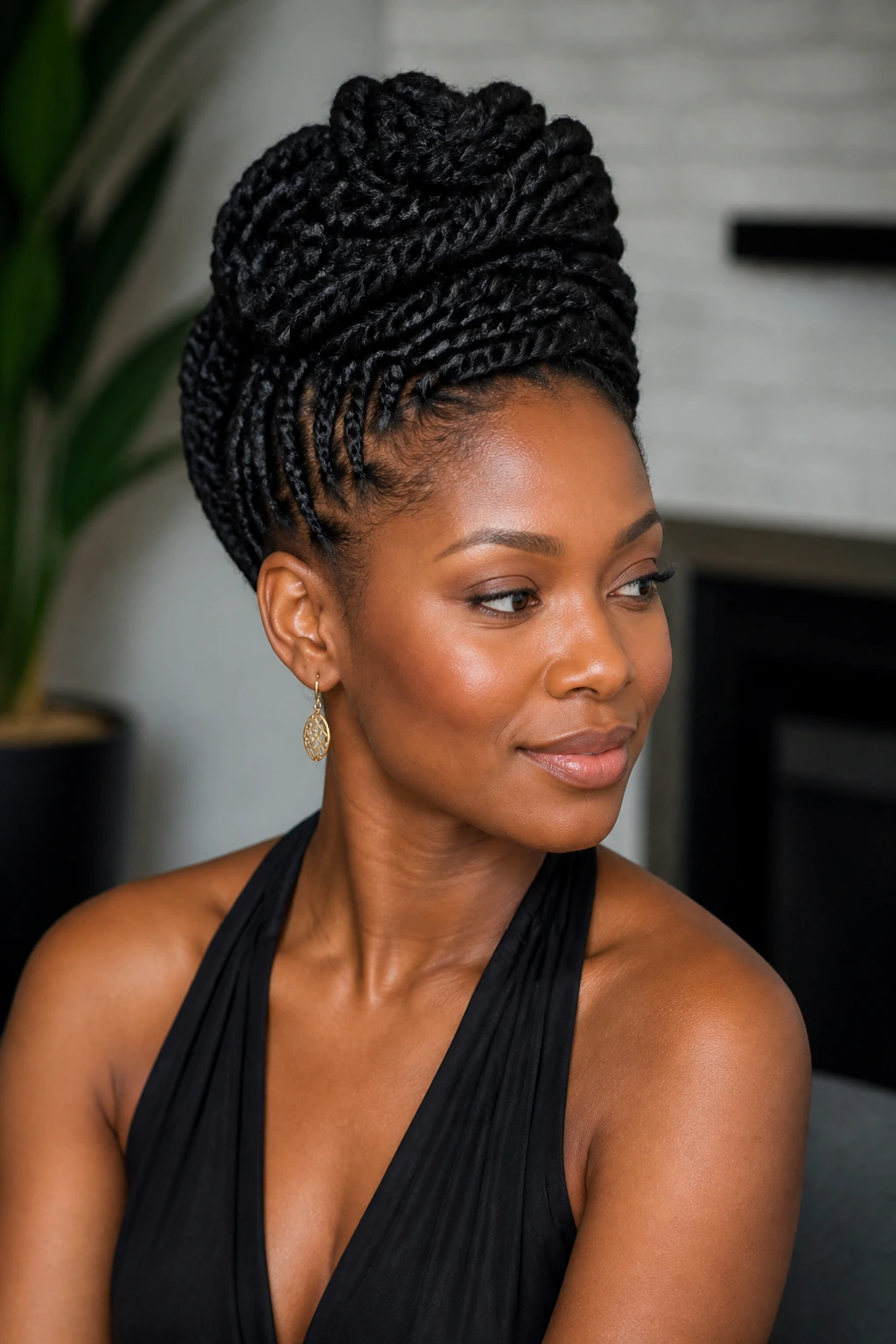 Real woman with a sculptural twisted updo on 4c hair