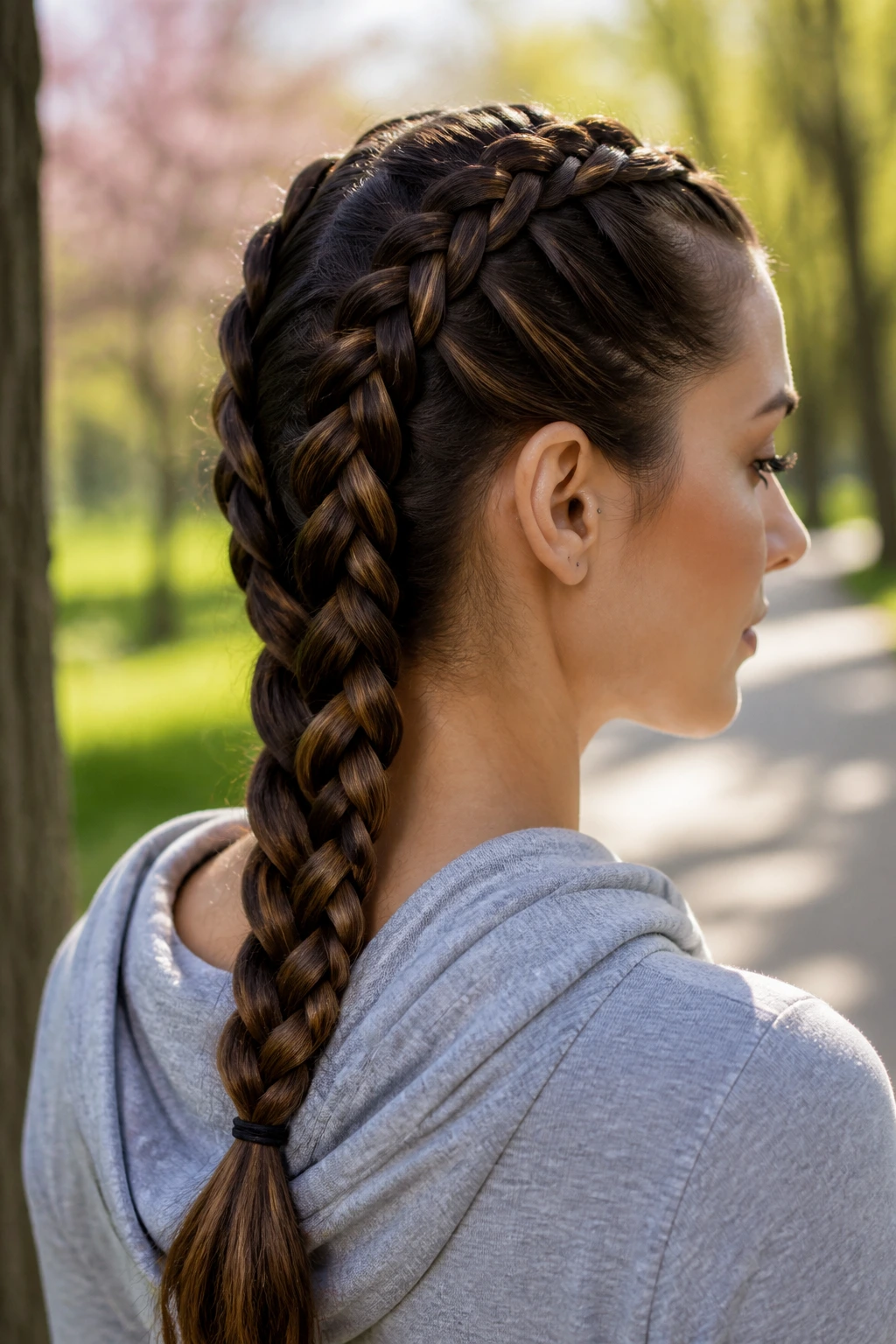 Close-up of a real woman with two Dutch braids fused into one at the back.
