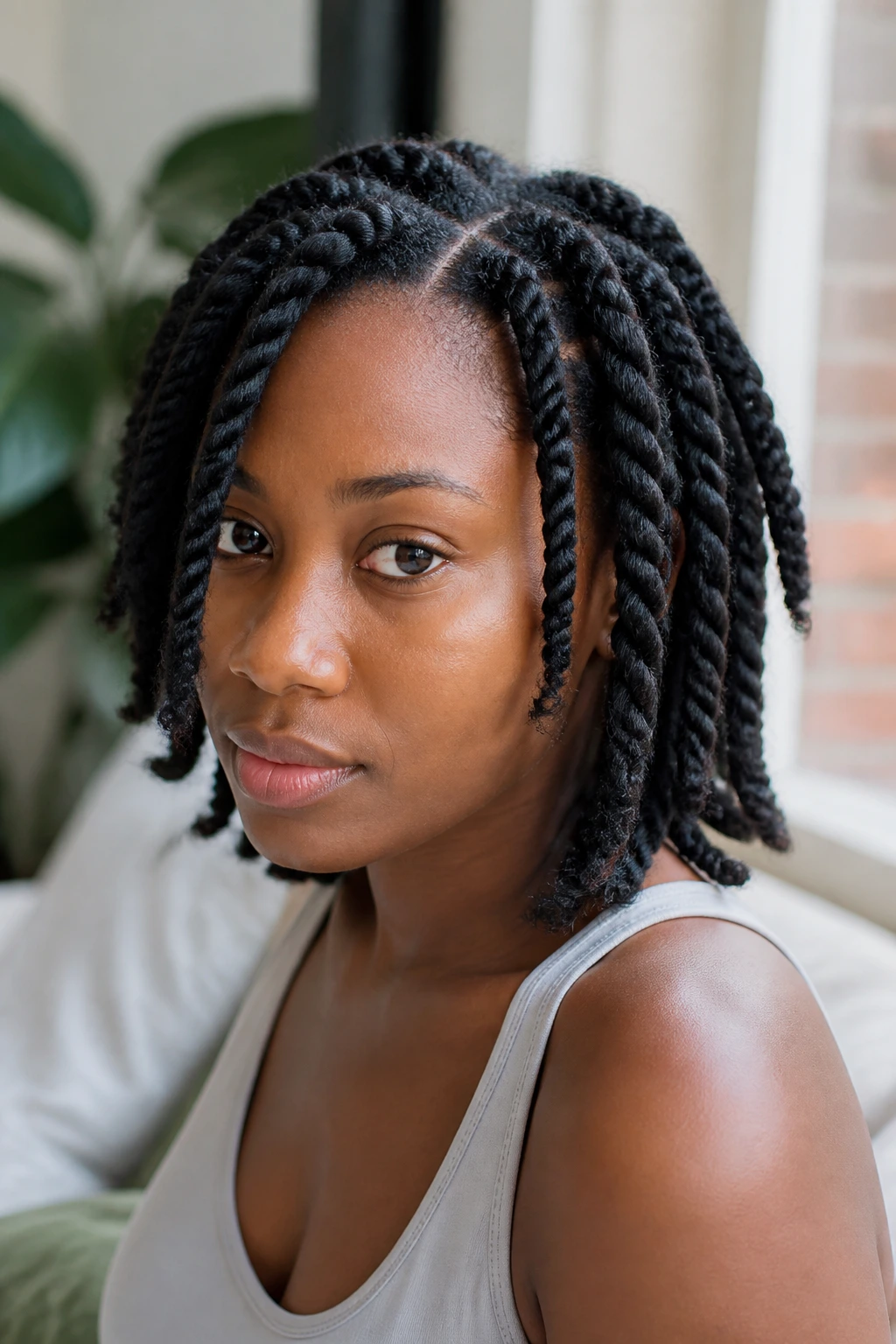 Close-up of a real woman with 4c two-strand twists filling the frame.