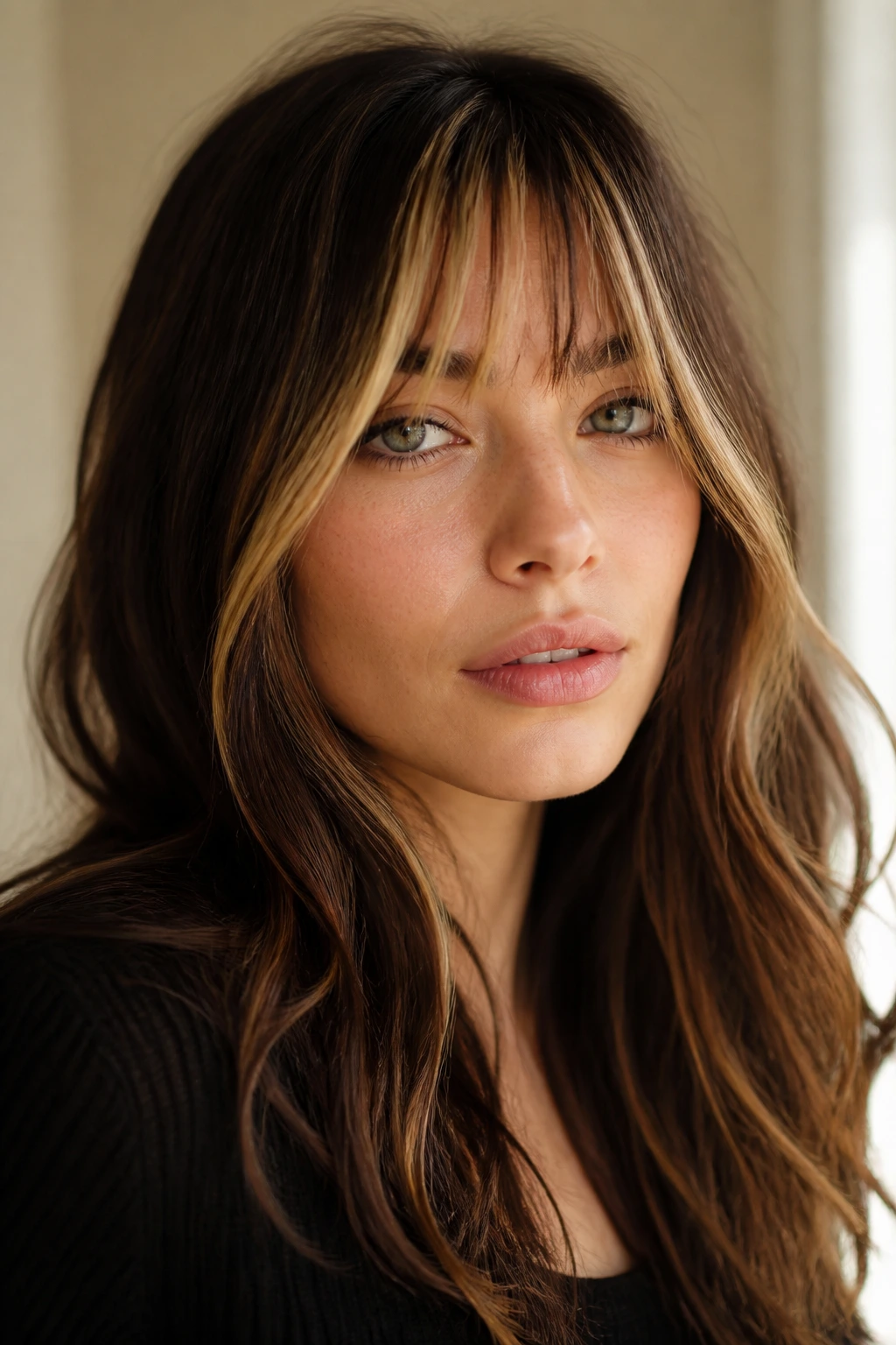 Close-up of a woman with two-tone colored fringe, lighter bangs