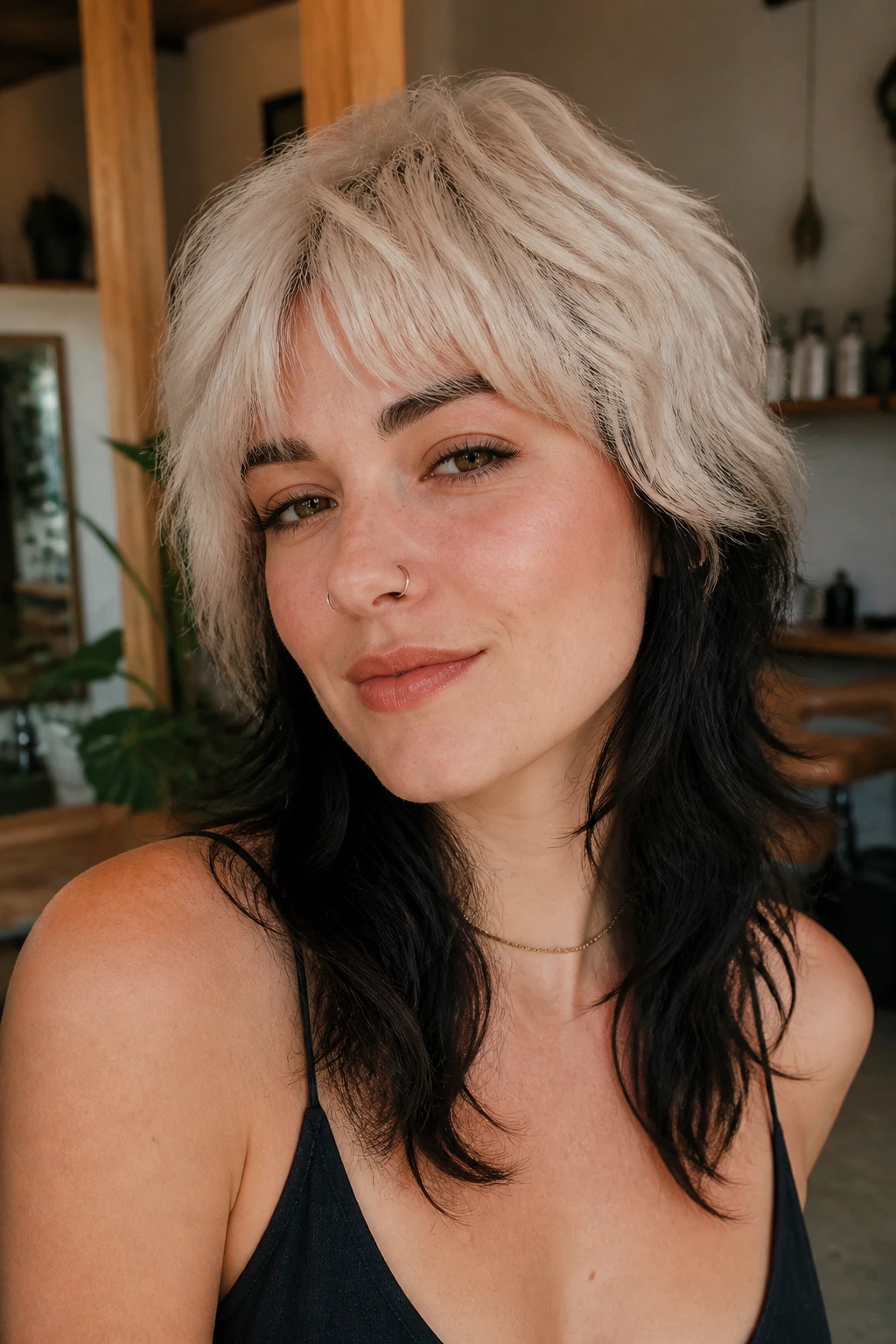Portrait of a real woman with two-tone color shag