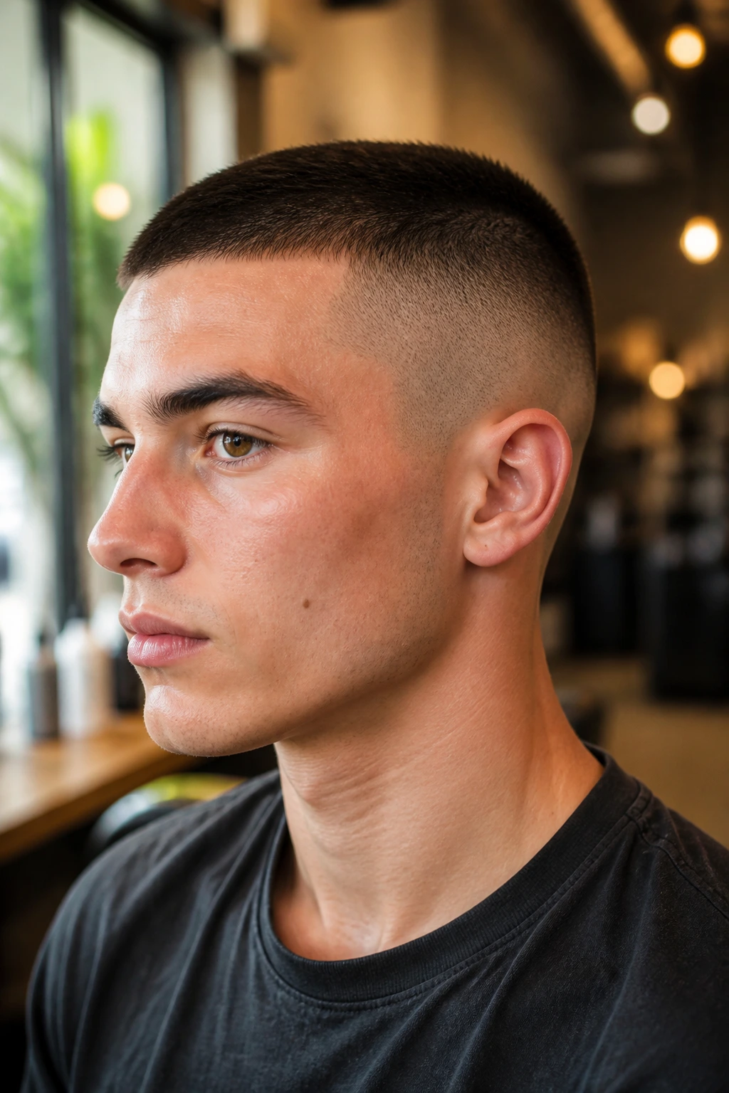 Close-up portrait of a real person with an undercut buzz cut in a sunlit salon