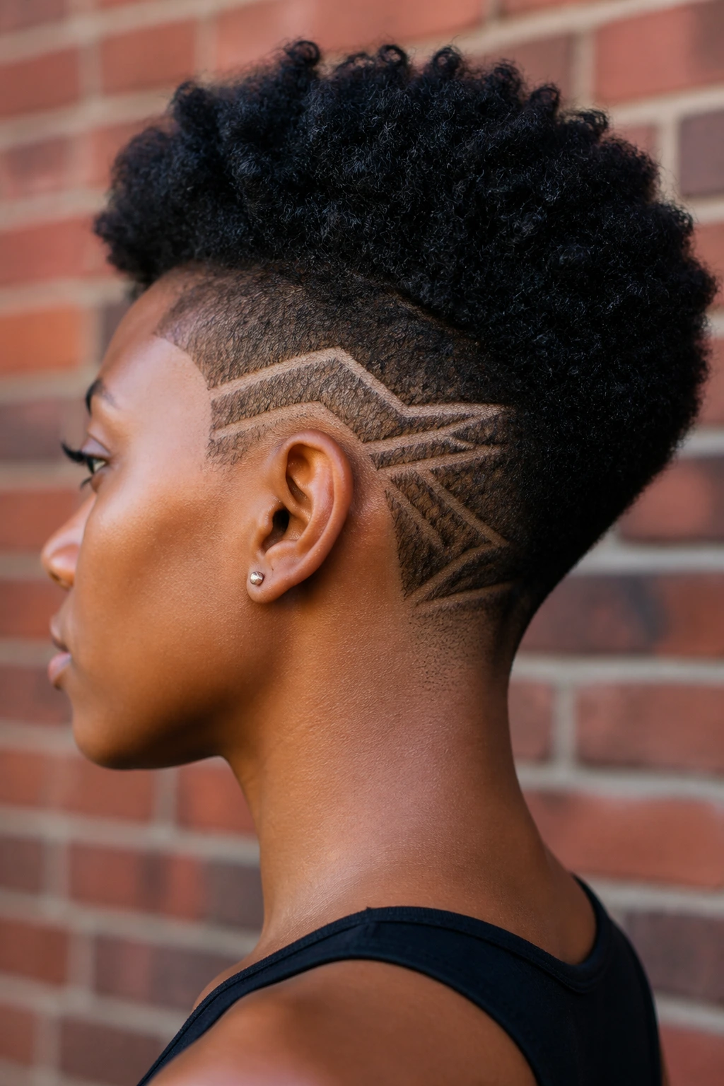 Close-up of a real person with an undercut and shaved geometric design.