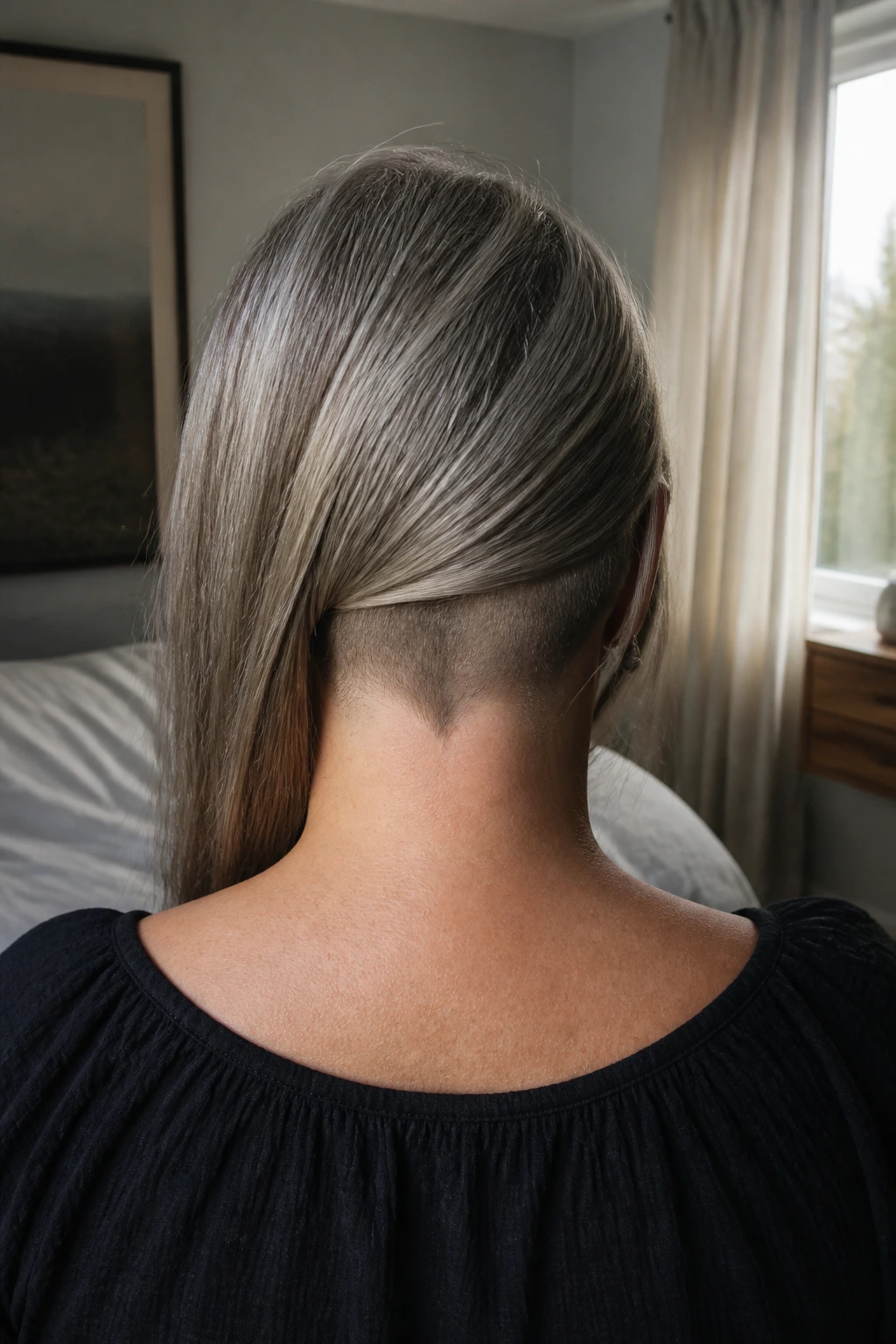 Rear view of a woman showing long hair with hidden undercut at the nape