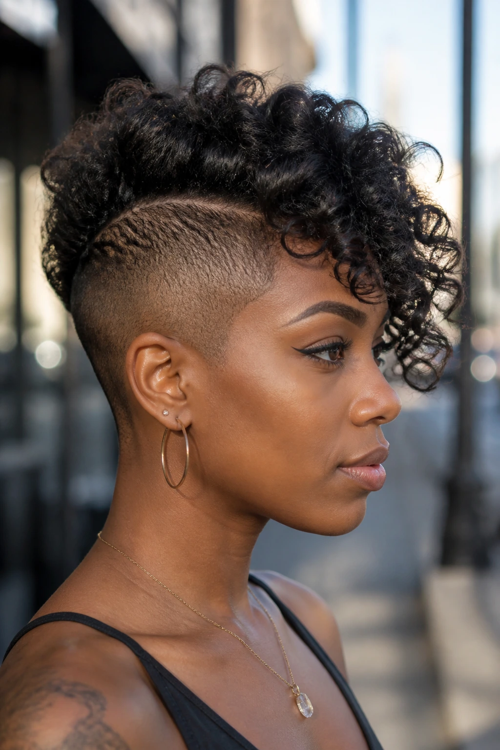 Close-up of a woman with an undercut pixie and curls on top, urban background